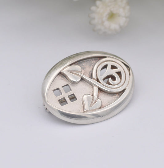 Vintage Celtic Sterling Silver Brooch - Scottish Window Design | Mackintosh Style Rose