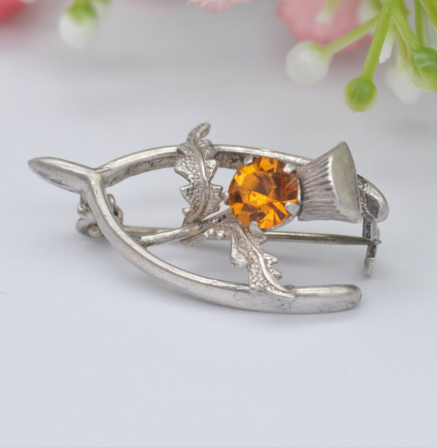 Vintage Ward Brothers Sterling Silver Scottish Thistle and Wishbone Brooch - Orange Paste Stone