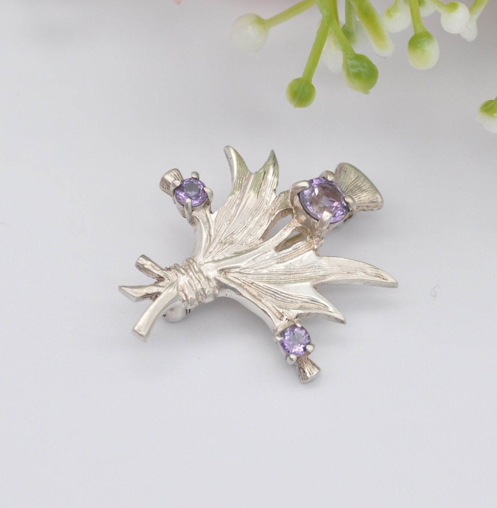 Vintage Sterling Silver Amethyst Thistle Brooch - Bunch of Wild Flowers