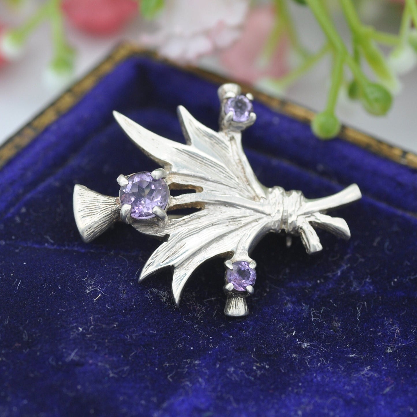 Vintage Sterling Silver Amethyst Thistle Brooch - Bunch of Wild Flowers