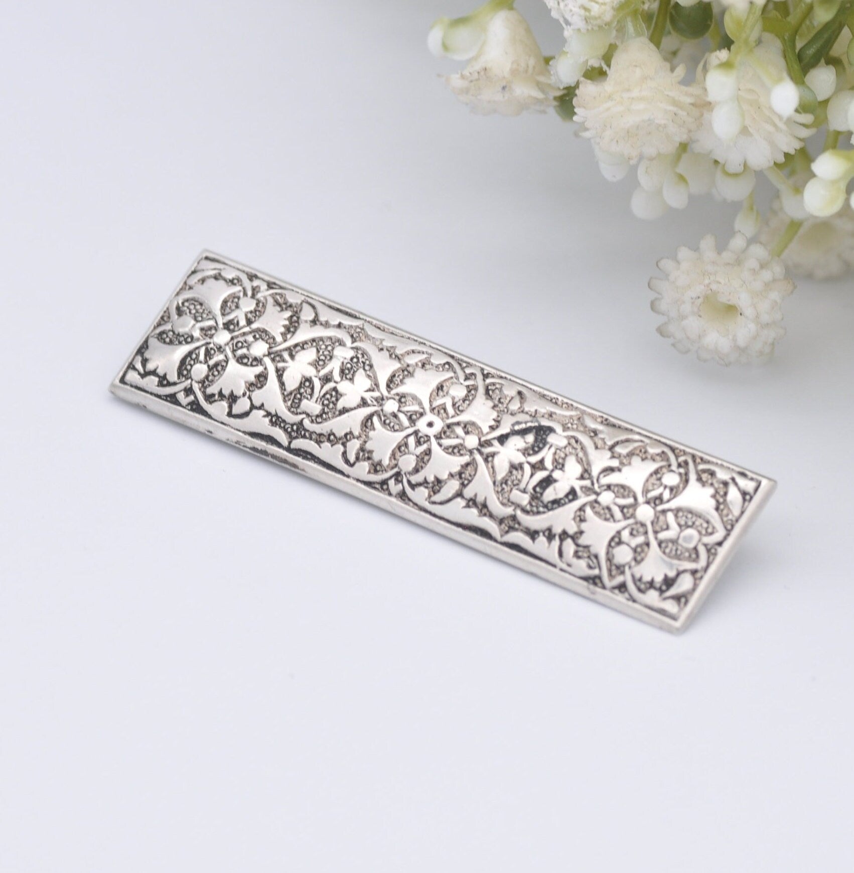 Antique Sterling Silver Floral Bar Brooch - Rectangle Statement Pin