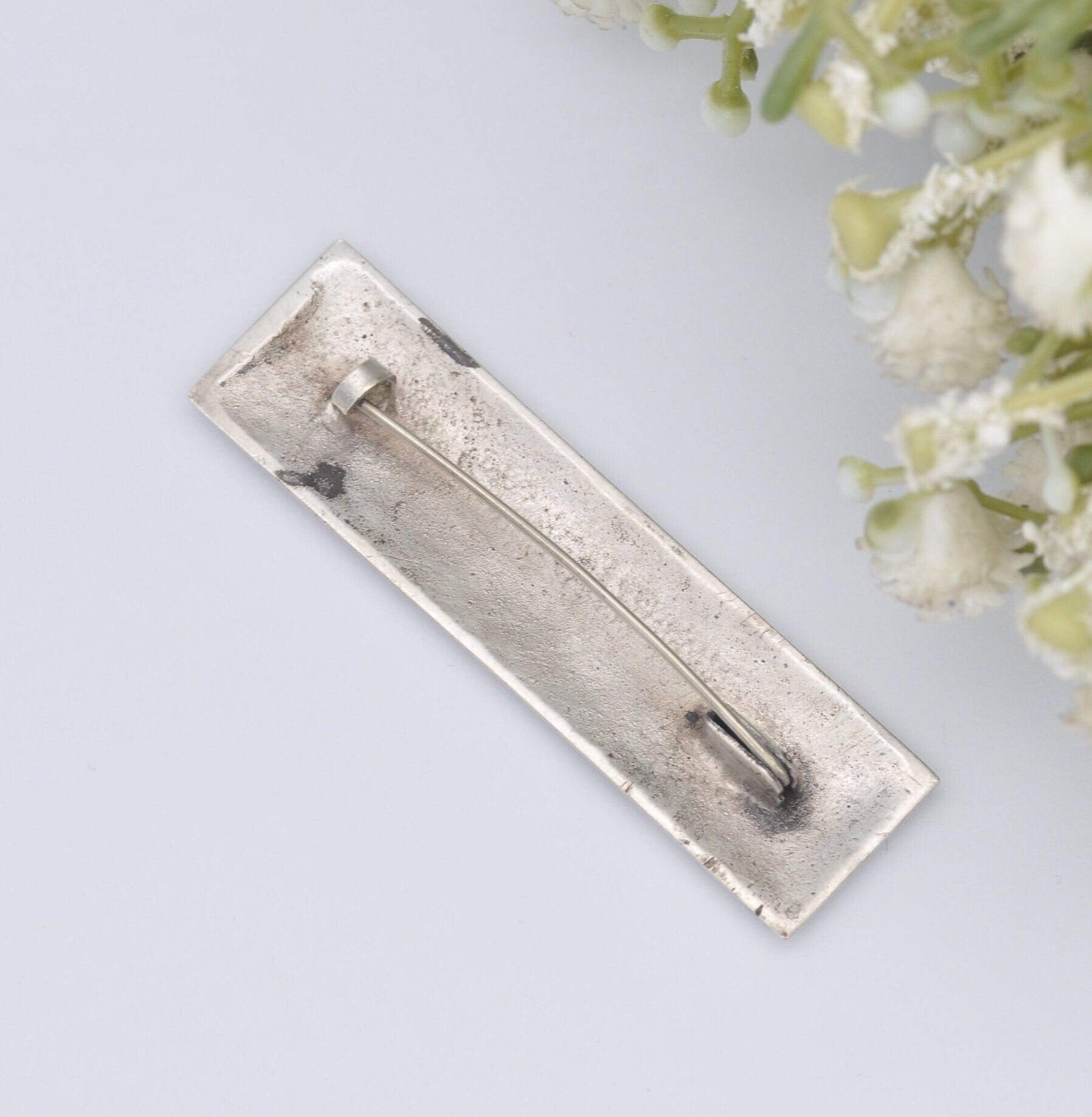 Antique Sterling Silver Floral Bar Brooch - Rectangle Statement Pin