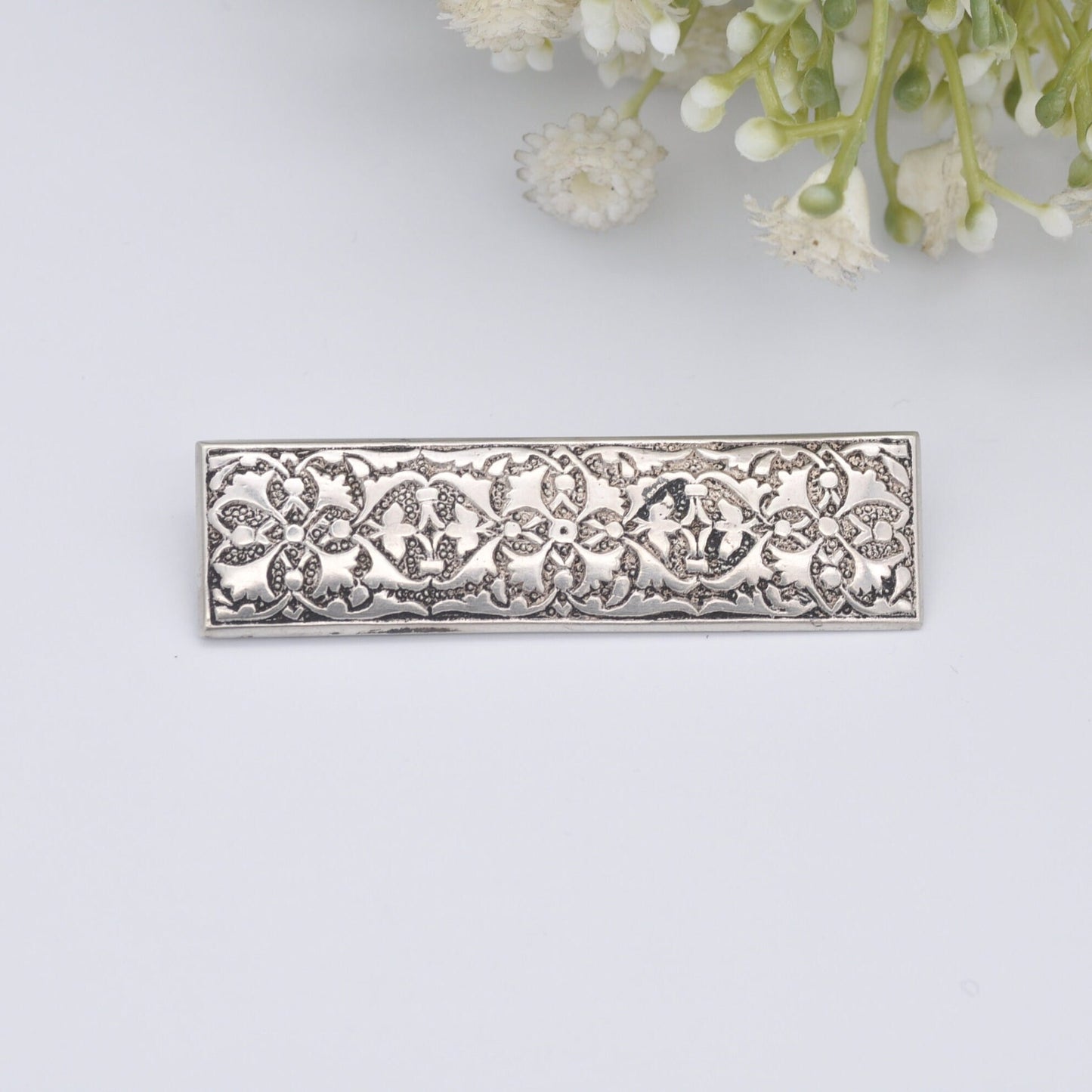 Antique Sterling Silver Floral Bar Brooch - Rectangle Statement Pin