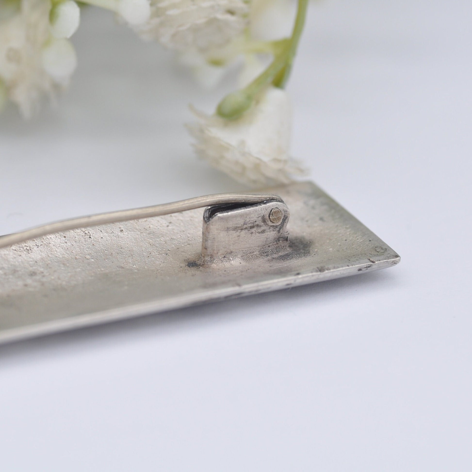 Antique Sterling Silver Floral Bar Brooch - Rectangle Statement Pin