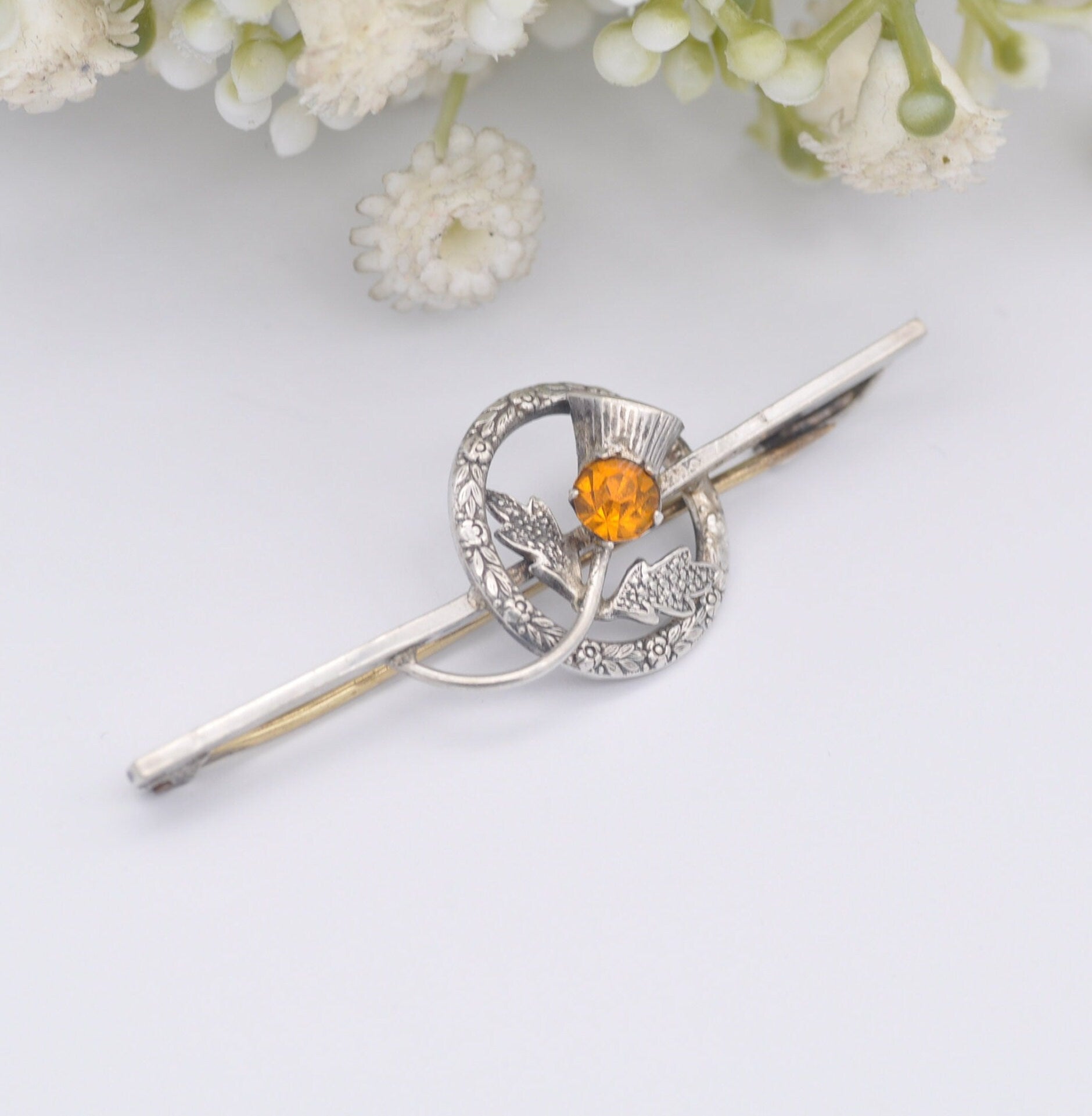 Antique Ward Brothers Scottish Sterling Silver Thistle Bar Brooch - Orange Paste | Floral Wreath