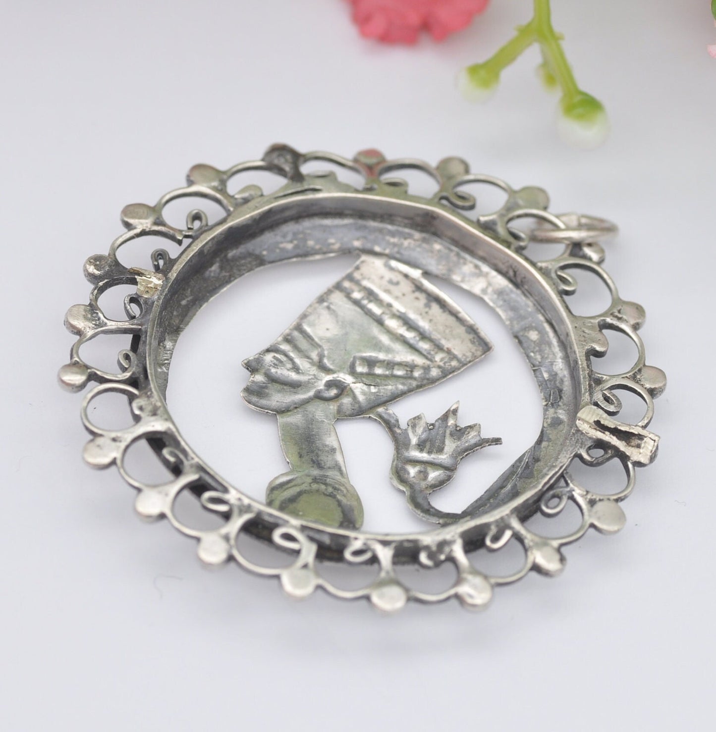 Vintage Egyptian Silver Queen Nefertiti Pendant with Lotus Flower - Openwork Design | Hand Crafted | Brooch Conversion