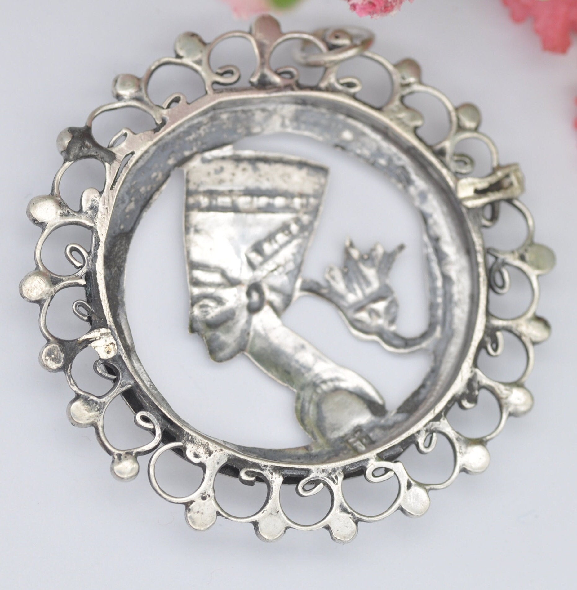 Vintage Egyptian Silver Queen Nefertiti Pendant with Lotus Flower - Openwork Design | Hand Crafted | Brooch Conversion