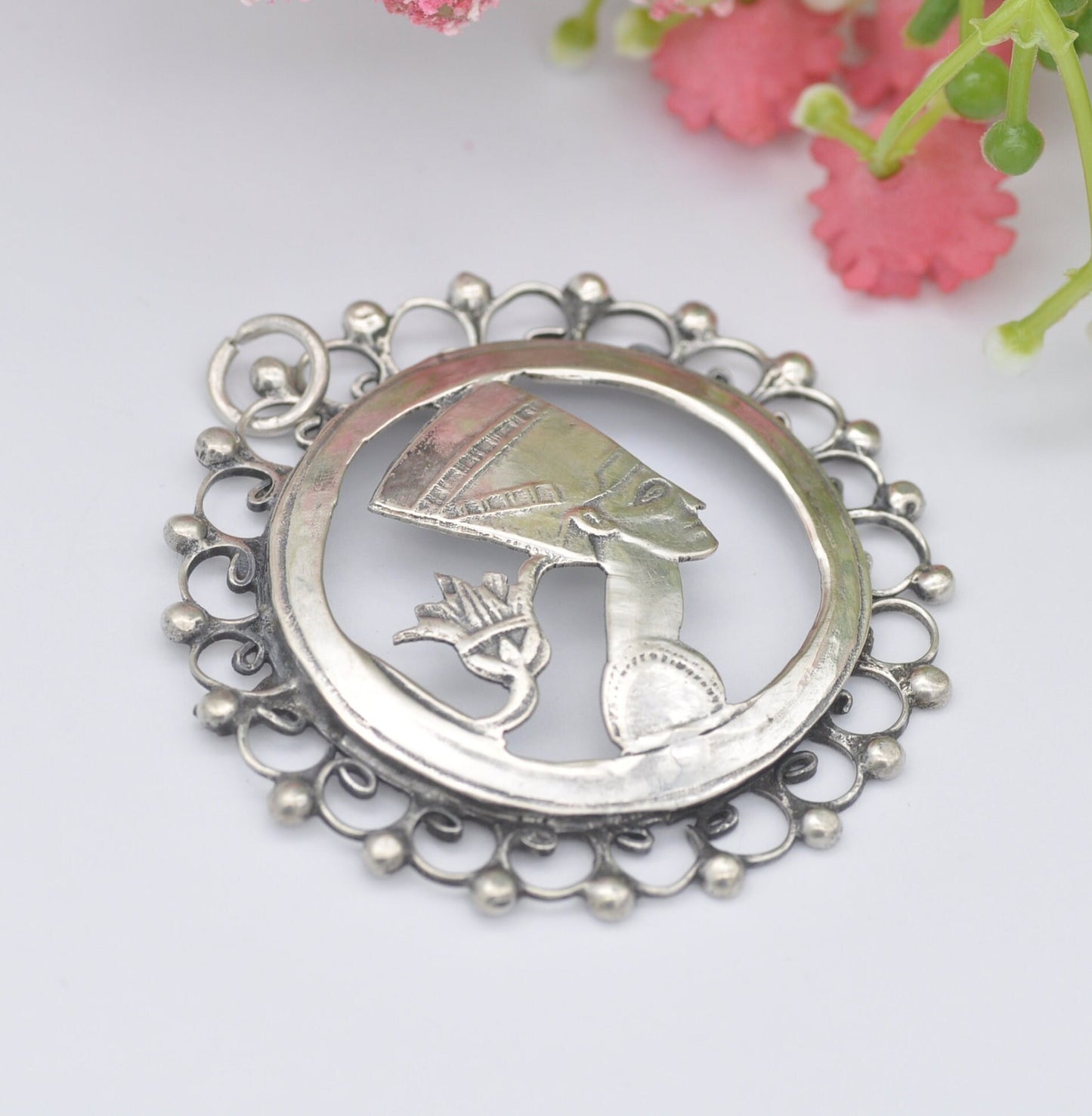 Vintage Egyptian Silver Queen Nefertiti Pendant with Lotus Flower - Openwork Design | Hand Crafted | Brooch Conversion