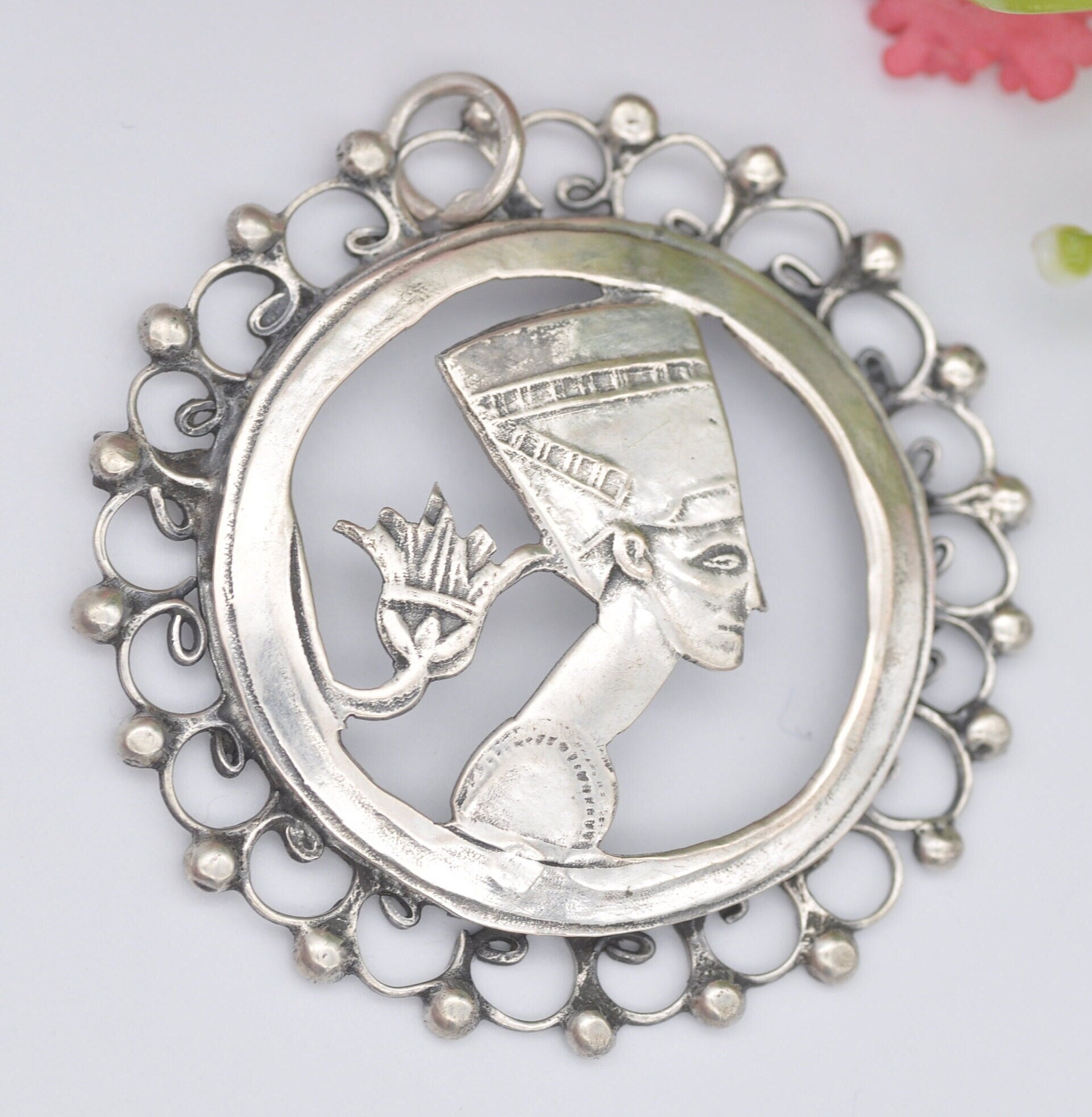 Vintage Egyptian Silver Queen Nefertiti Pendant with Lotus Flower - Openwork Design | Hand Crafted | Brooch Conversion