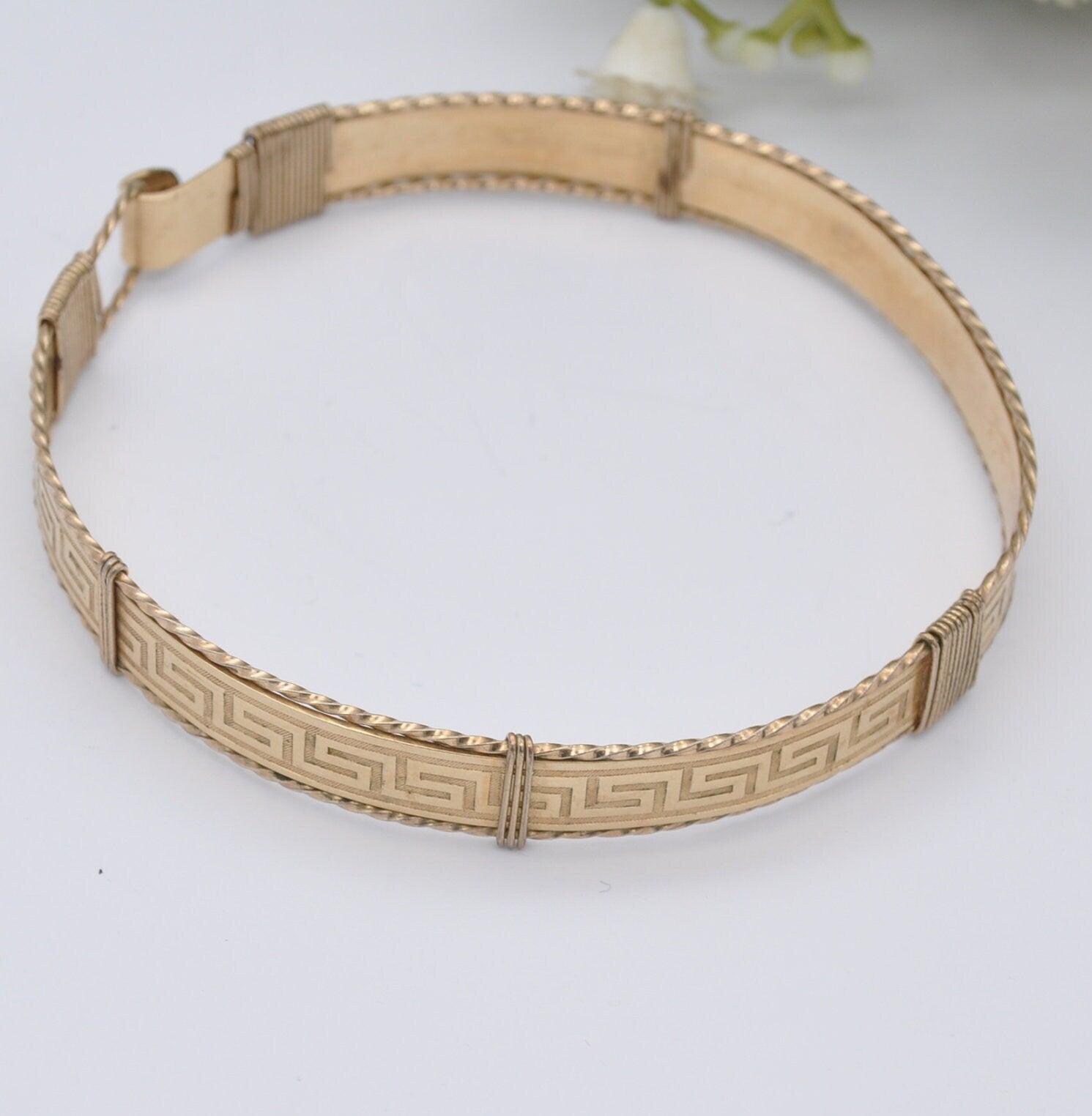 Vintage Rolled Gold Bangle Bracelet with Greek Key Meander Pattern