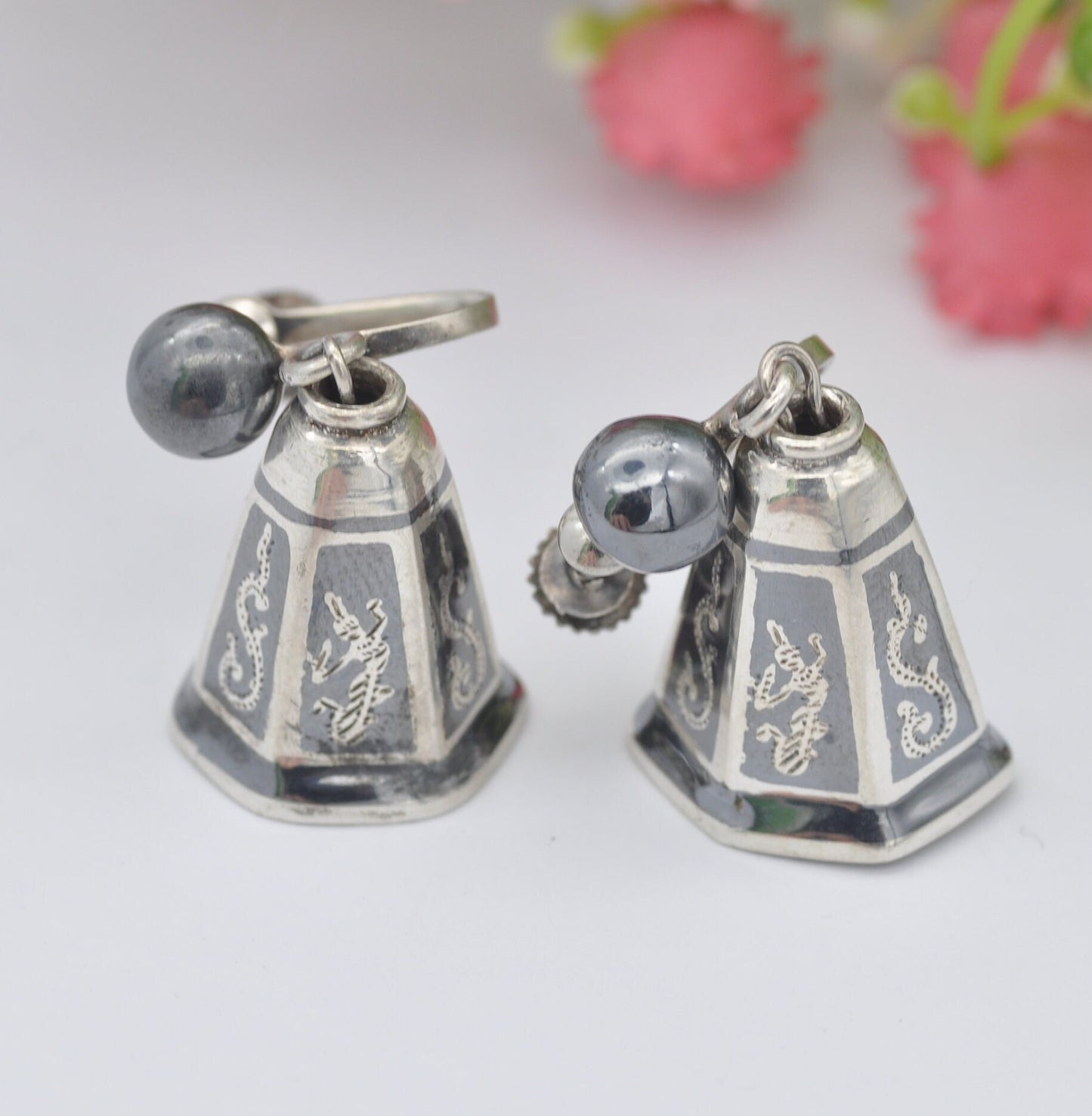 Vintage Siam Sterling Silver Bell Drop Screw Back Earrings - Siam Niello | Goddess Design