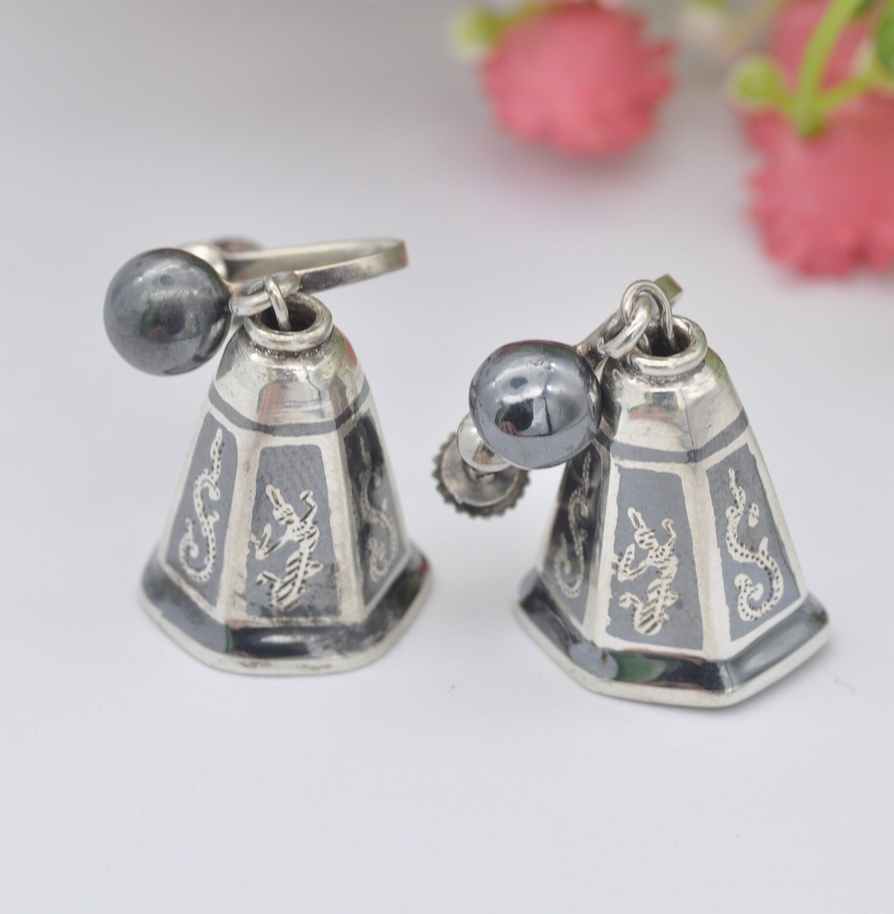 Vintage Siam Sterling Silver Bell Drop Screw Back Earrings - Siam Niello | Goddess Design