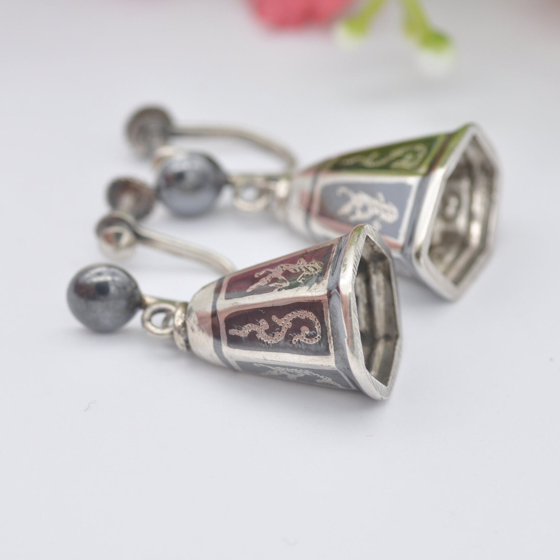 Vintage Siam Sterling Silver Bell Drop Screw Back Earrings - Siam Niello | Goddess Design