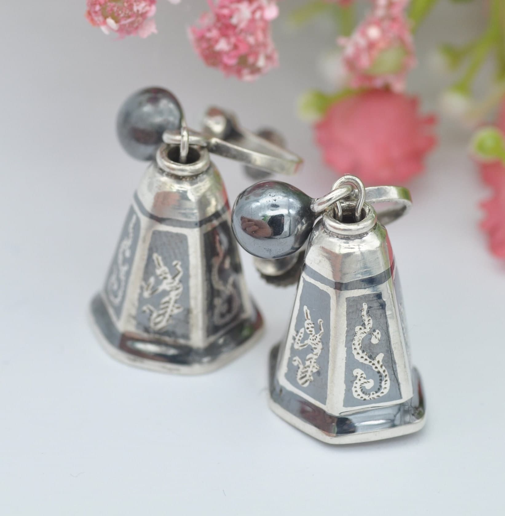 Vintage Siam Sterling Silver Bell Drop Screw Back Earrings - Siam Niello | Goddess Design