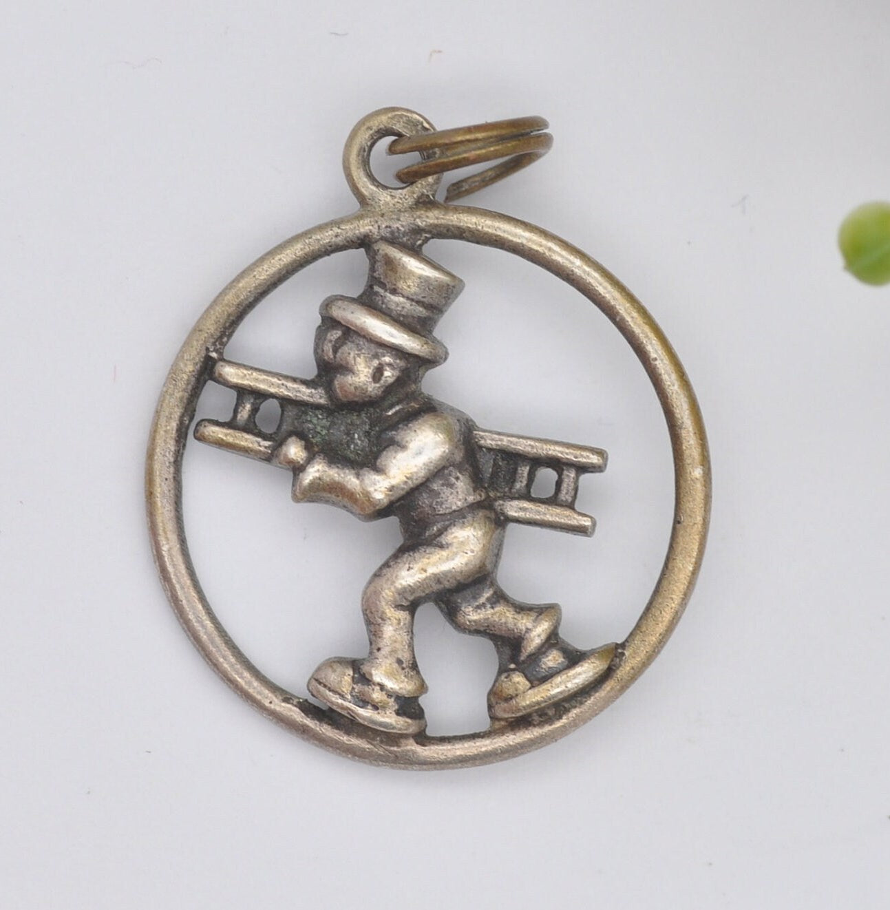 Vintage Silver Man Carrying Ladder Charm Pendant - Unusual Openwork Silver Charm | Cartoon Style Window Cleaner