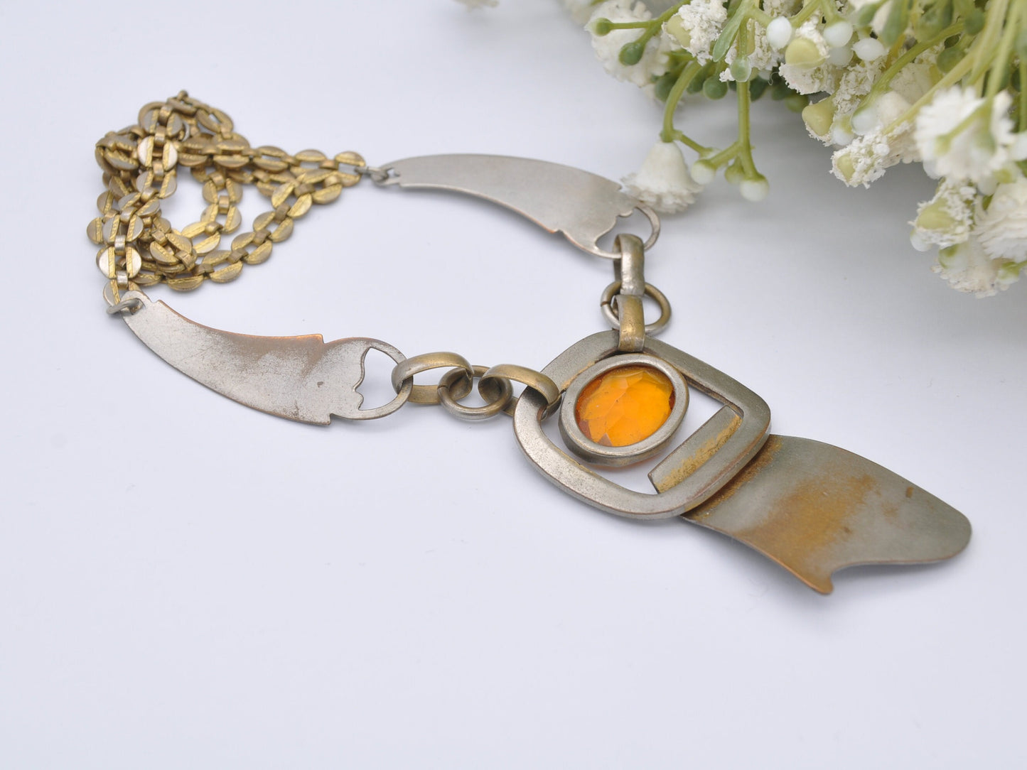 Antique Chunky Orange Paste Necklace - Unusual Scottish Buckle Design with Aesthetic Flower Engravings