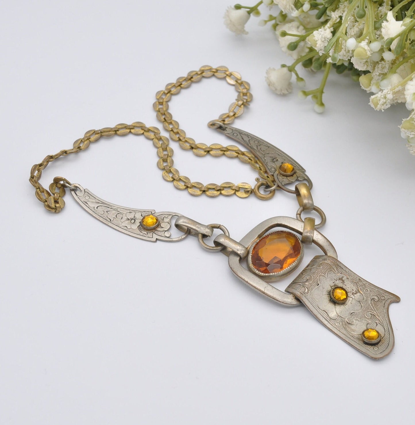 Antique Chunky Orange Paste Necklace - Unusual Scottish Buckle Design with Aesthetic Flower Engravings