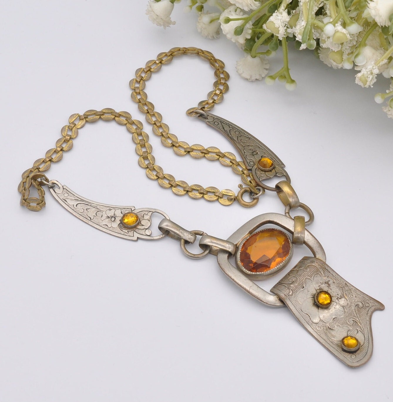 Antique Chunky Orange Paste Necklace - Unusual Scottish Buckle Design with Aesthetic Flower Engravings