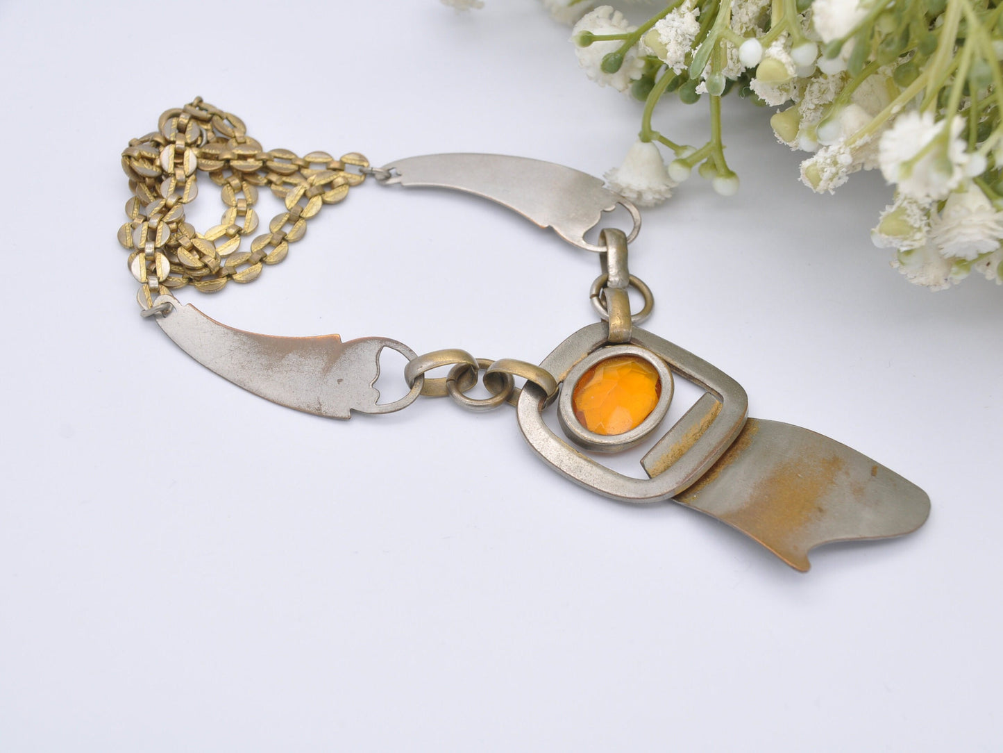 Antique Chunky Orange Paste Necklace - Unusual Scottish Buckle Design with Aesthetic Flower Engravings