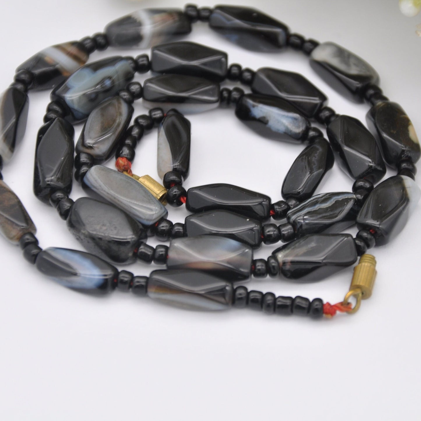 Antique Banded Agate Bar Necklace - Black Gemstone Beads | 45cm