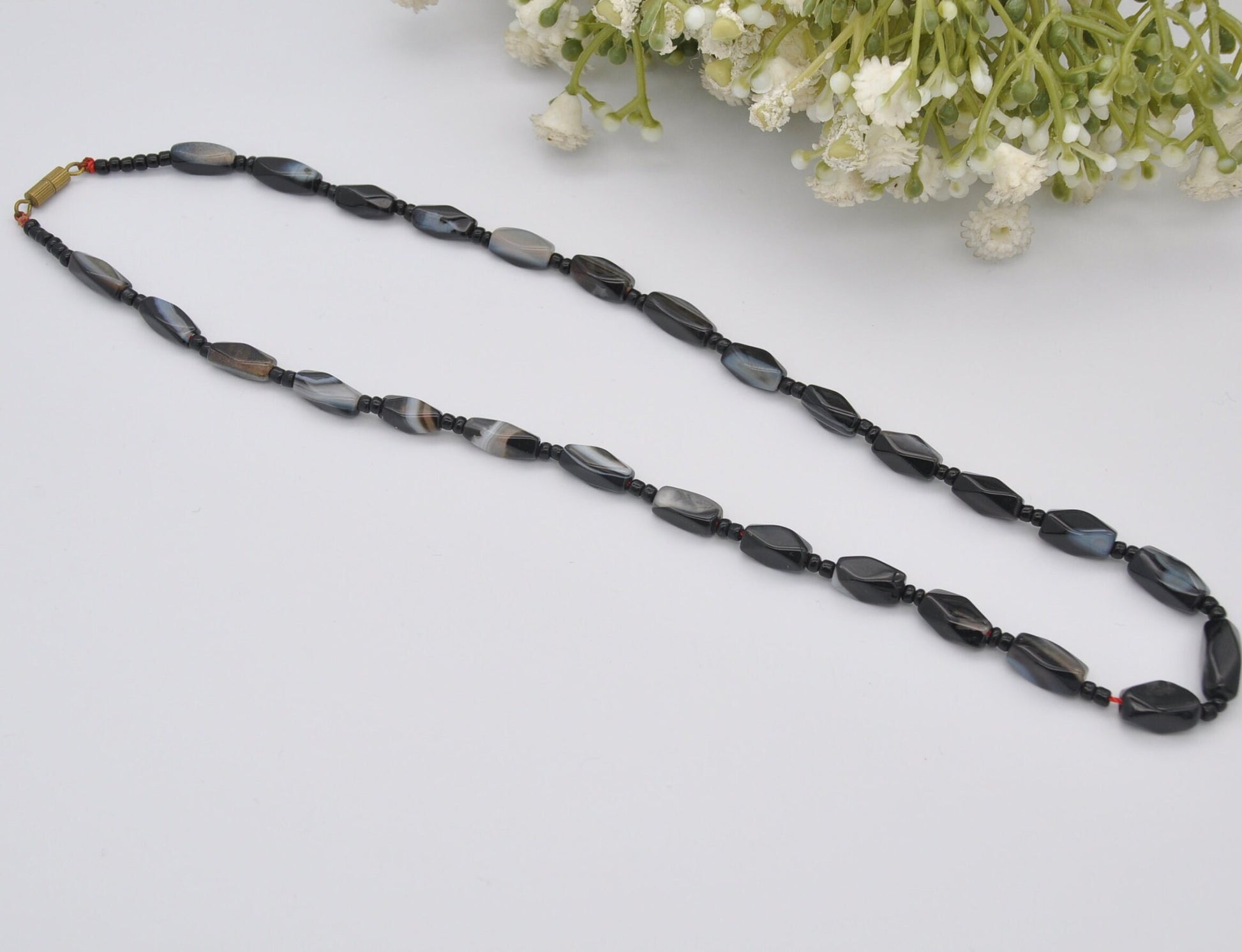 Antique Banded Agate Bar Necklace - Black Gemstone Beads | 45cm