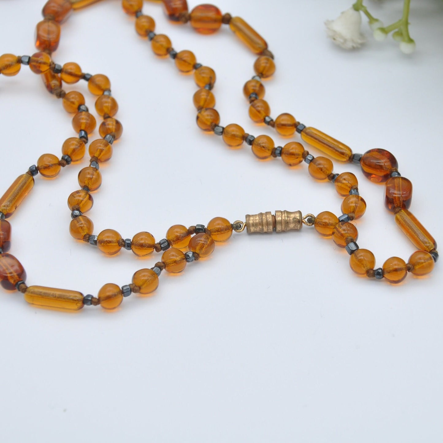 Vintage Glass Double Strand Necklace with Teardrop Pendant - Collar Length 36cm 14" | Cognac Orange Colour Glass