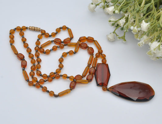 Vintage Glass Double Strand Necklace with Teardrop Pendant - Collar Length 36cm 14" | Cognac Orange Colour Glass