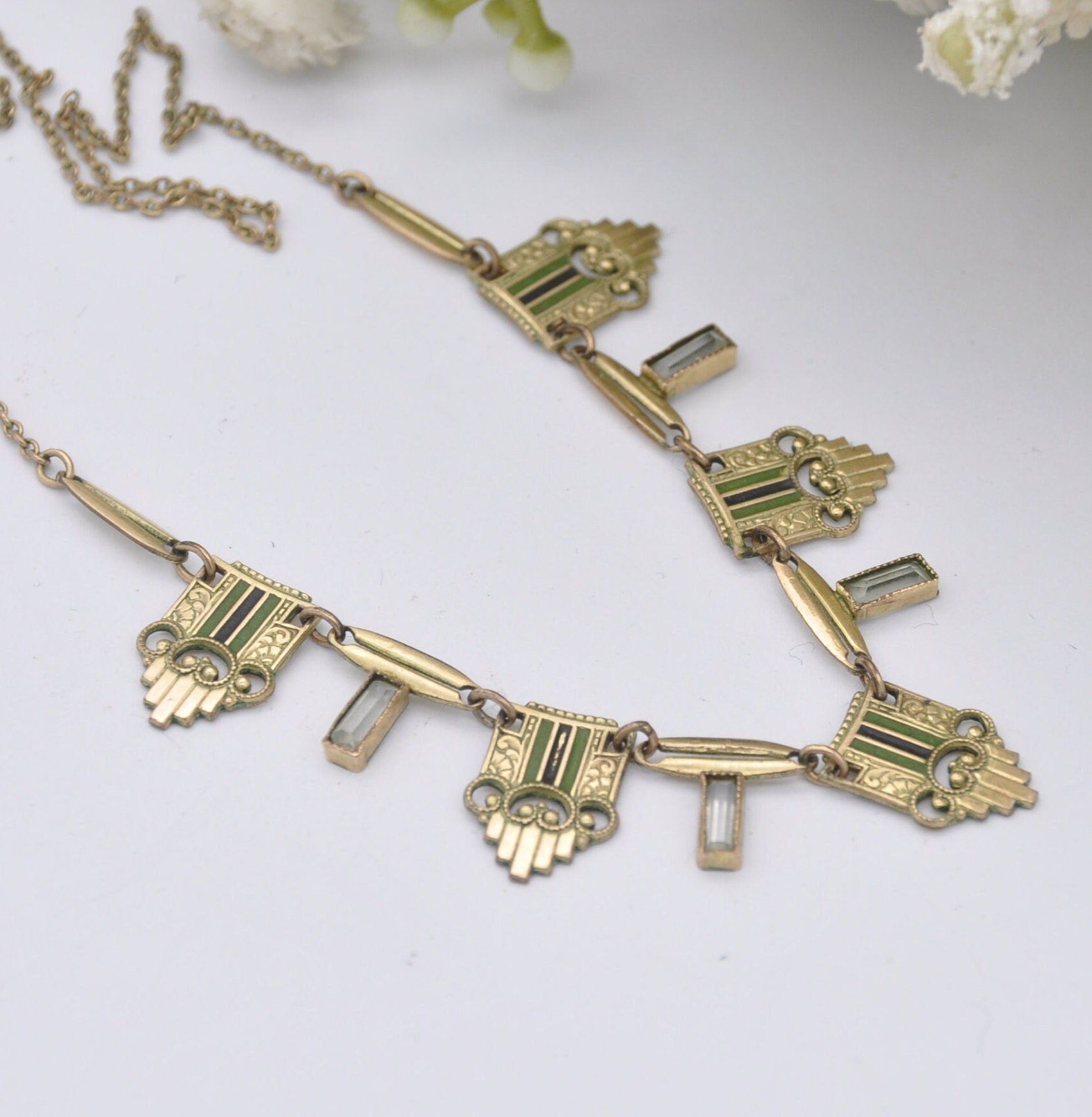 Vintage Rodi Wienenberger Rolled Gold Enamel Necklace with Ornate Panels - Art Deco Design | Green and Black