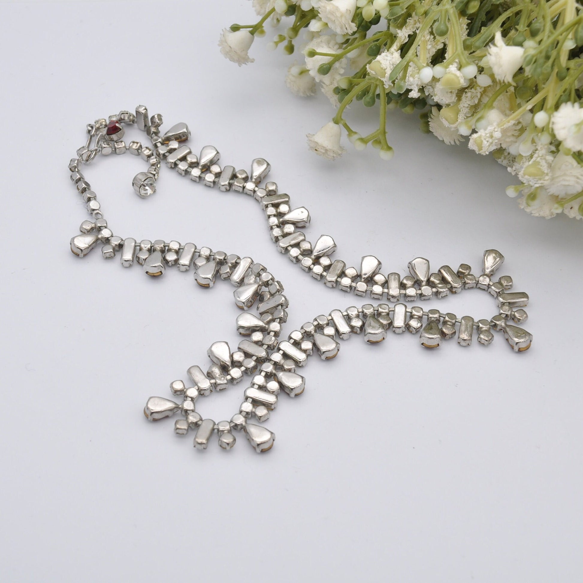 Vintage Sparkly Rhinestone Necklace - Clear and Red Stones | Adjustable Collar Choker Length | 14.5" 37cm to 15.7" 40cm