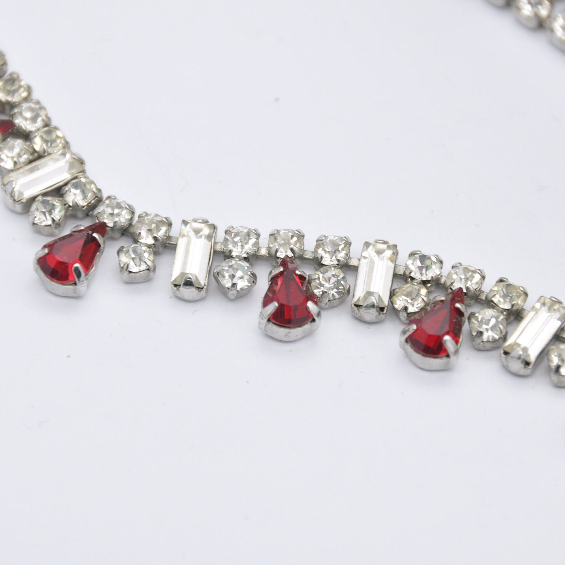 Vintage Sparkly Rhinestone Necklace - Clear and Red Stones | Adjustable Collar Choker Length | 14.5" 37cm to 15.7" 40cm