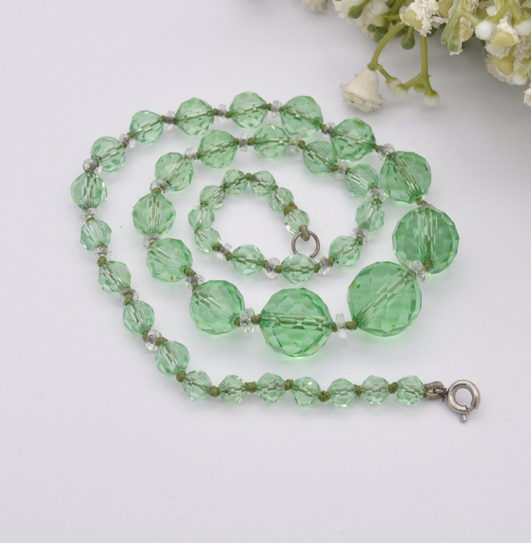 Vintage Art Deco Green Glass Bead Necklace - Hand Cut Glass | Graduated Beaded Necklace | Clear Spacers