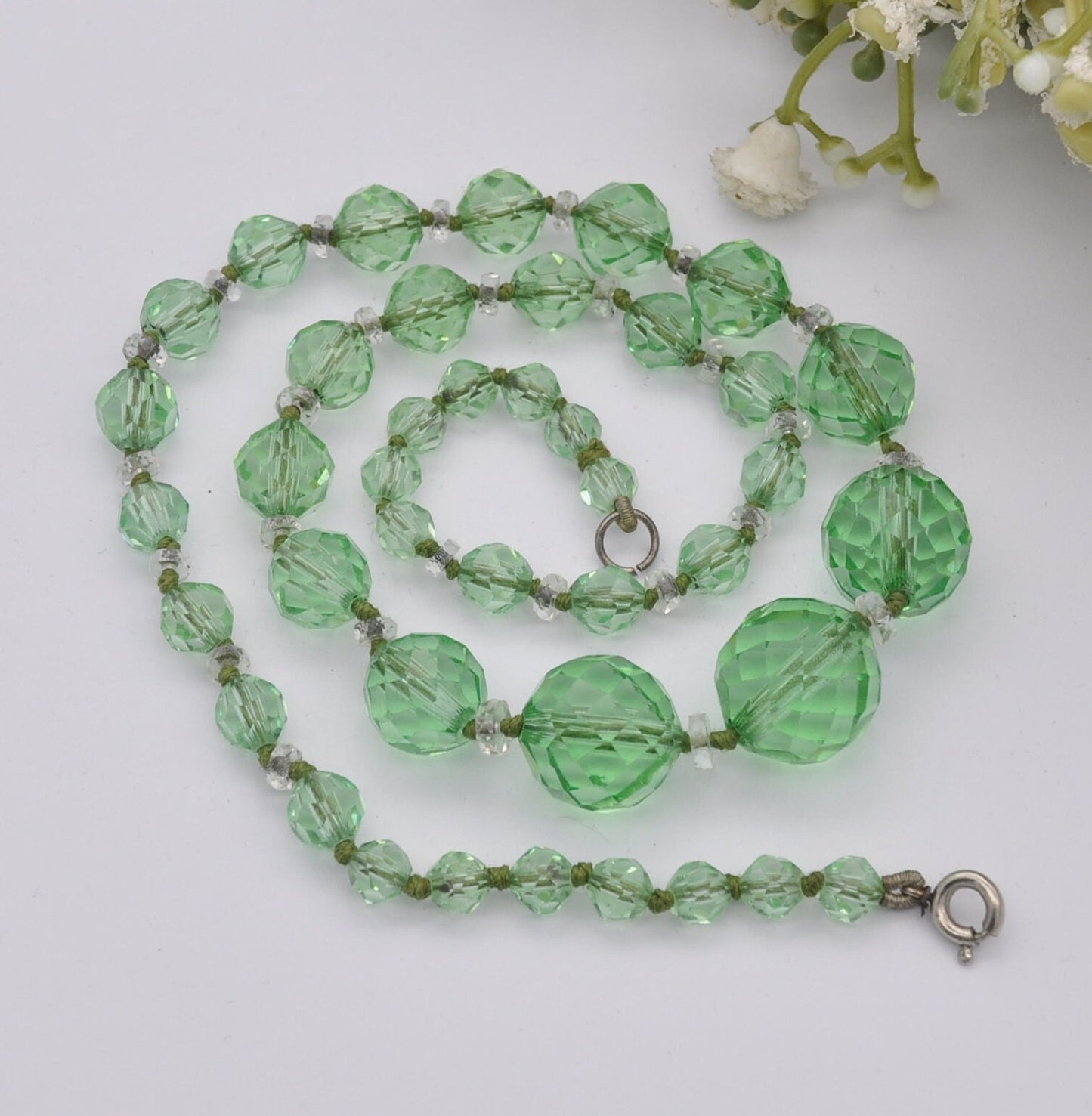 Vintage Art Deco Green Glass Bead Necklace - Hand Cut Glass | Graduated Beaded Necklace | Clear Spacers