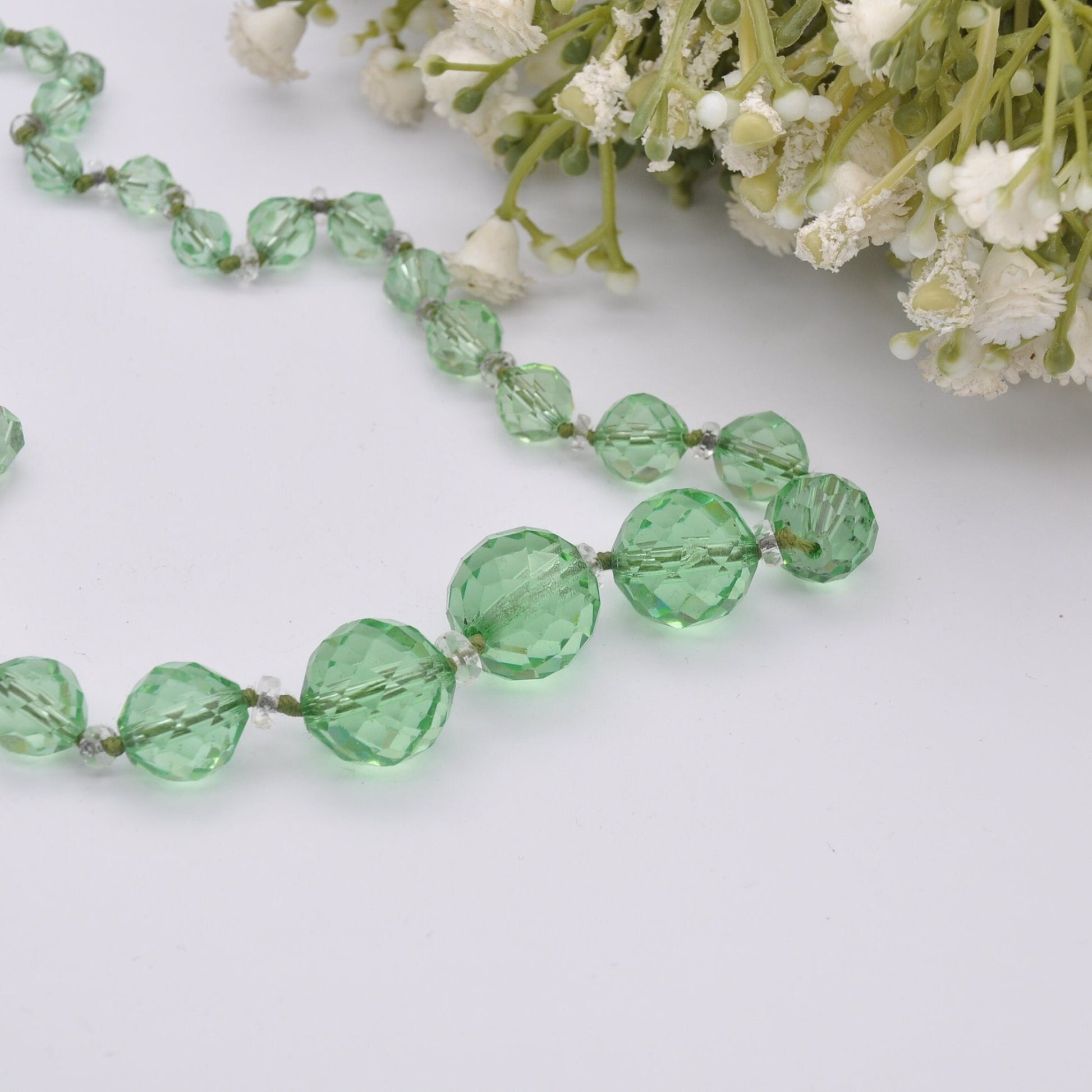 Vintage Art Deco Green Glass Bead Necklace - Hand Cut Glass | Graduated Beaded Necklace | Clear Spacers