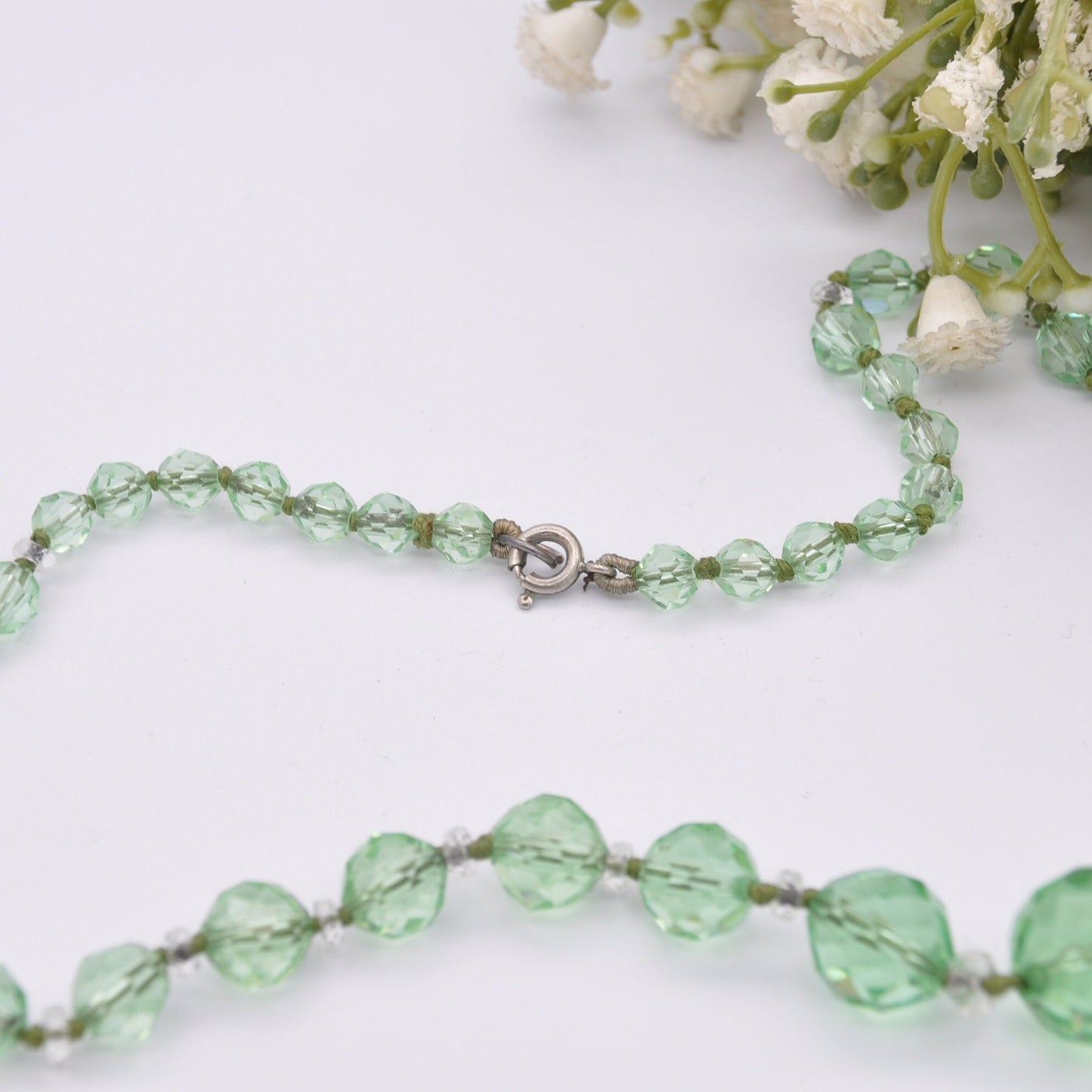 Vintage Art Deco Green Glass Bead Necklace - Hand Cut Glass | Graduated Beaded Necklace | Clear Spacers