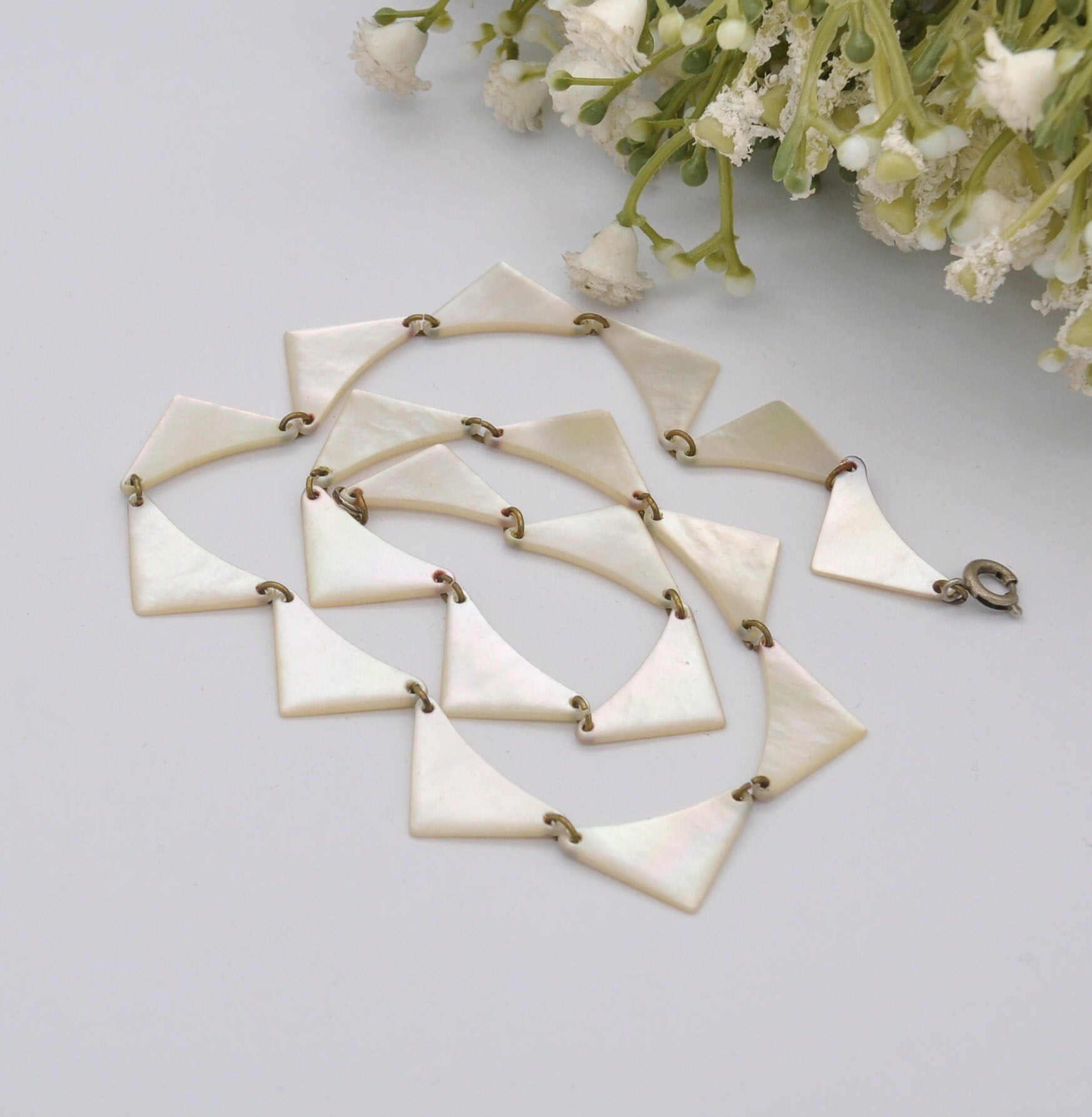 Vintage Mother of Pearl Choker Necklace - Made in West Germany | Unusual Kitsch Jewellery | Triangle Panel Shaped | 17" 43.5cm