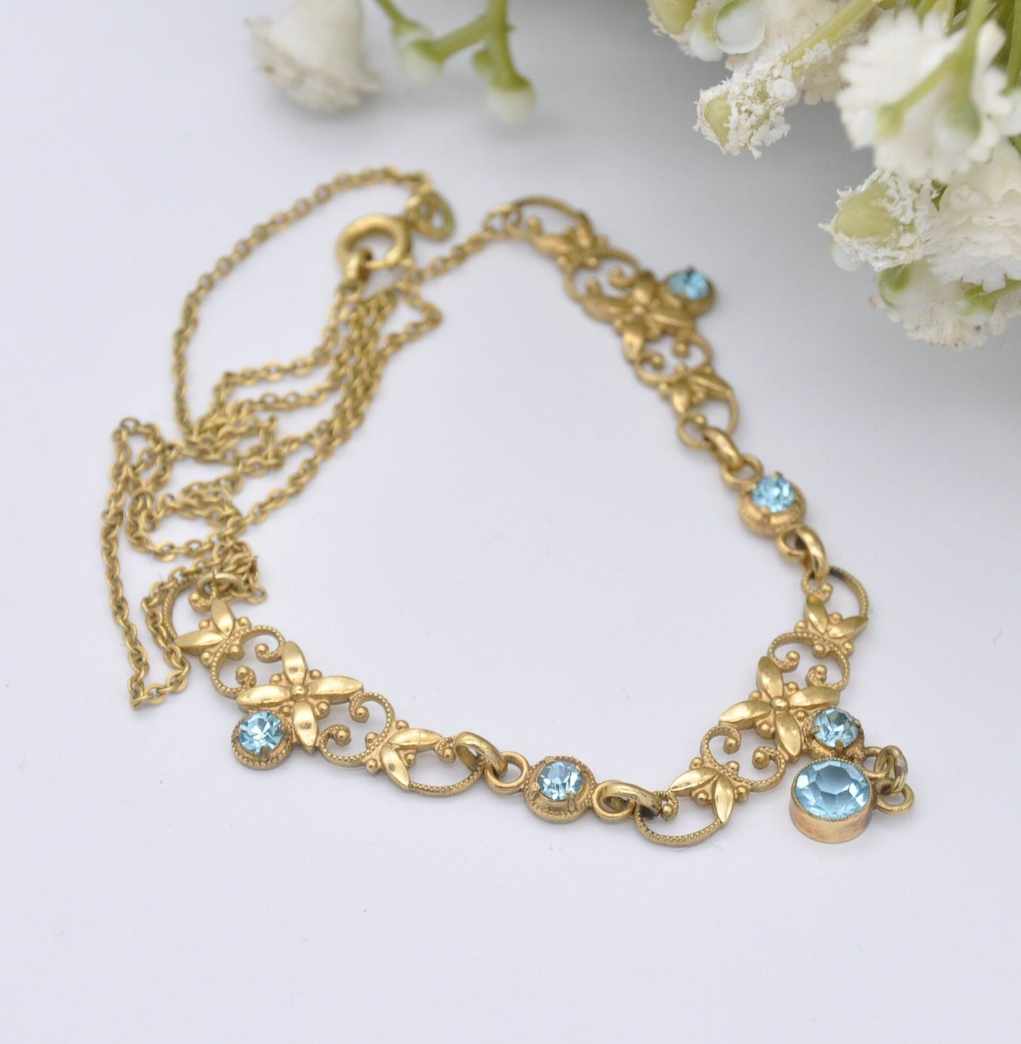 Vintage Andreas Daub Rolled Gold Necklace with Blue Glass Drop Pendant A*D - Ornate Openwork Flower Design