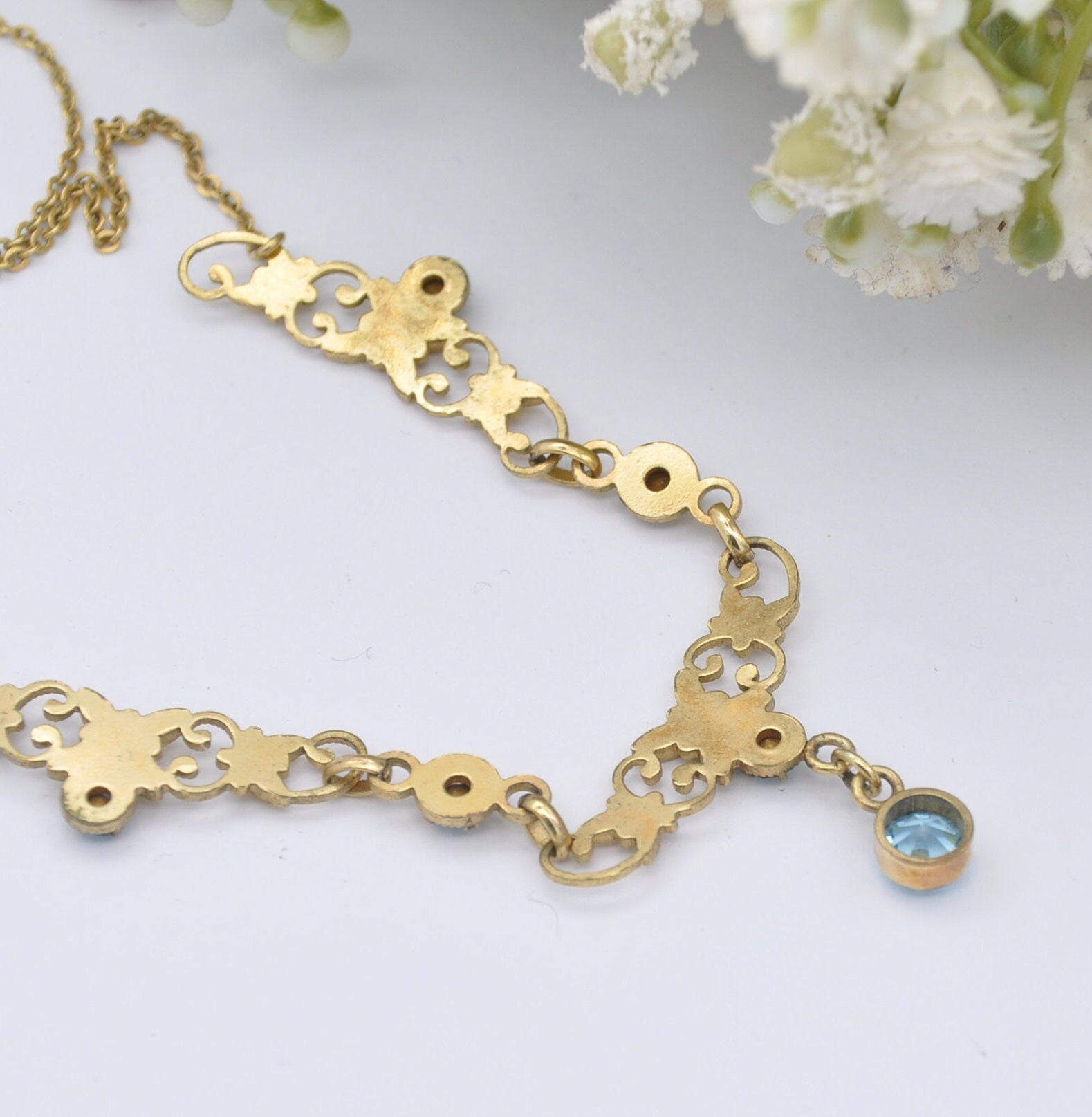 Vintage Andreas Daub Rolled Gold Necklace with Blue Glass Drop Pendant A*D - Ornate Openwork Flower Design