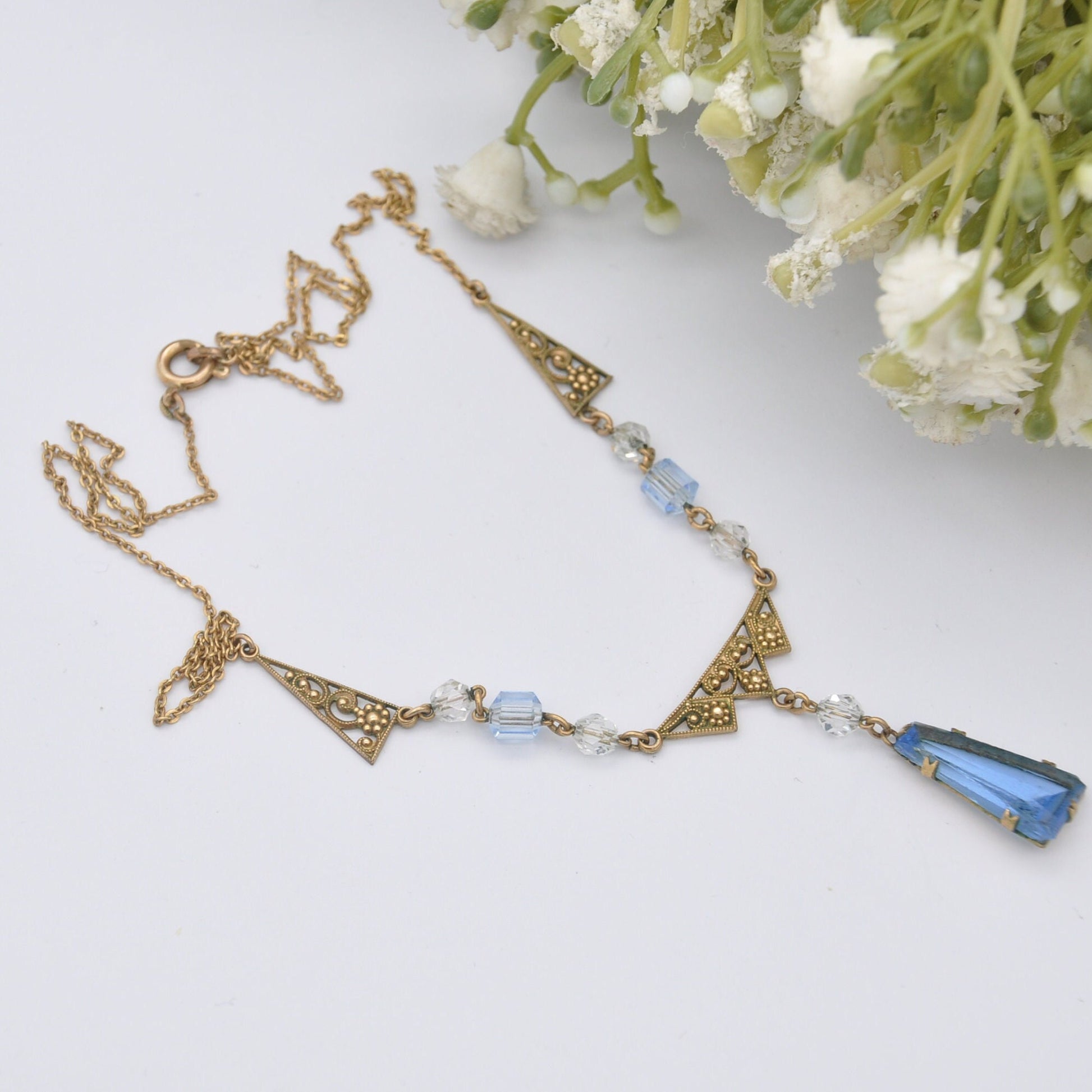 Antique Andreas Daub Rolled Gold Necklace with Blue Glass Drop Pendant A*D - Openwork Flower Design