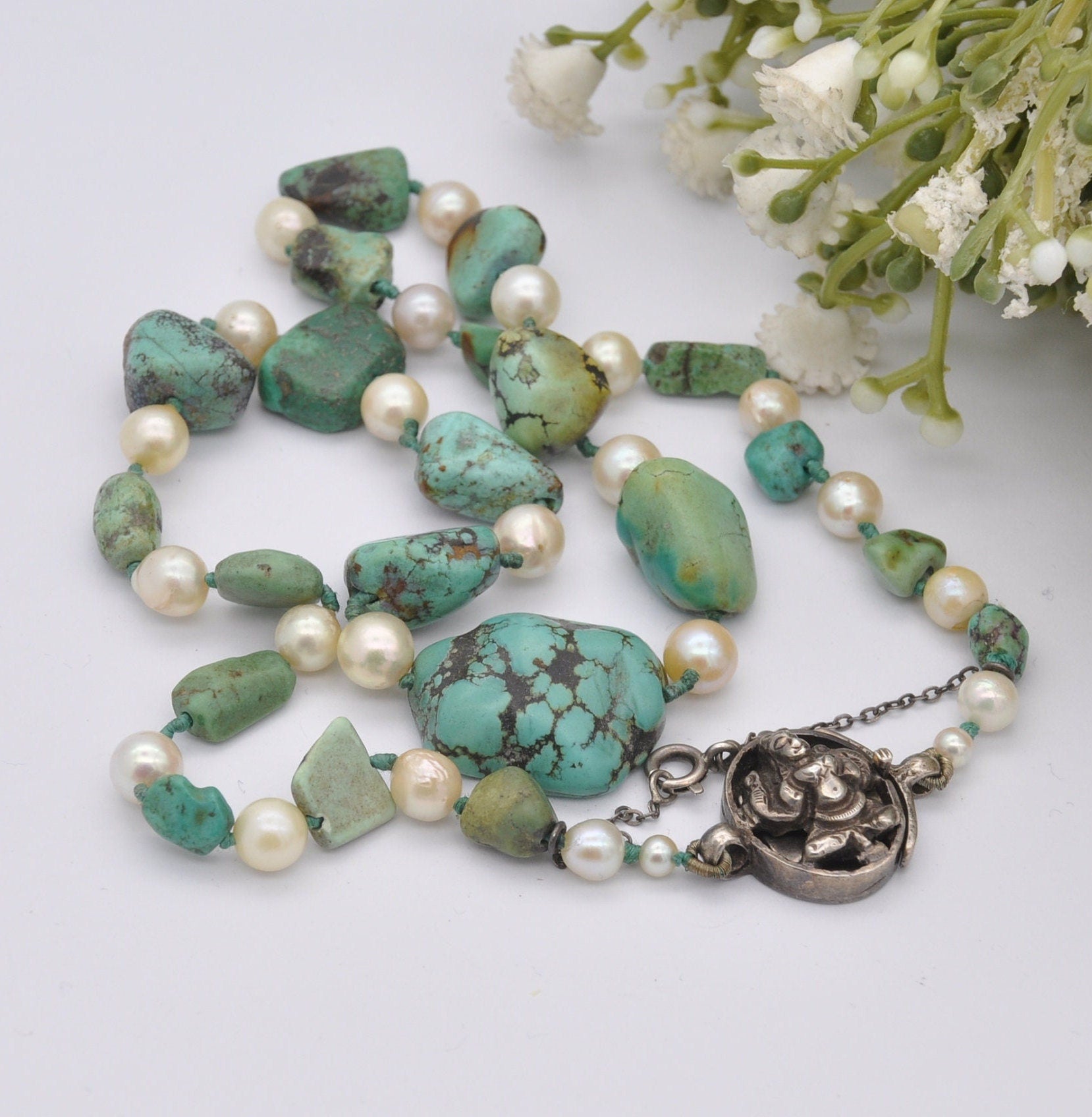 Vintage Turquoise and Pearl Necklace with Silver God Clasp - Chunky Graduating Gemstone Necklace