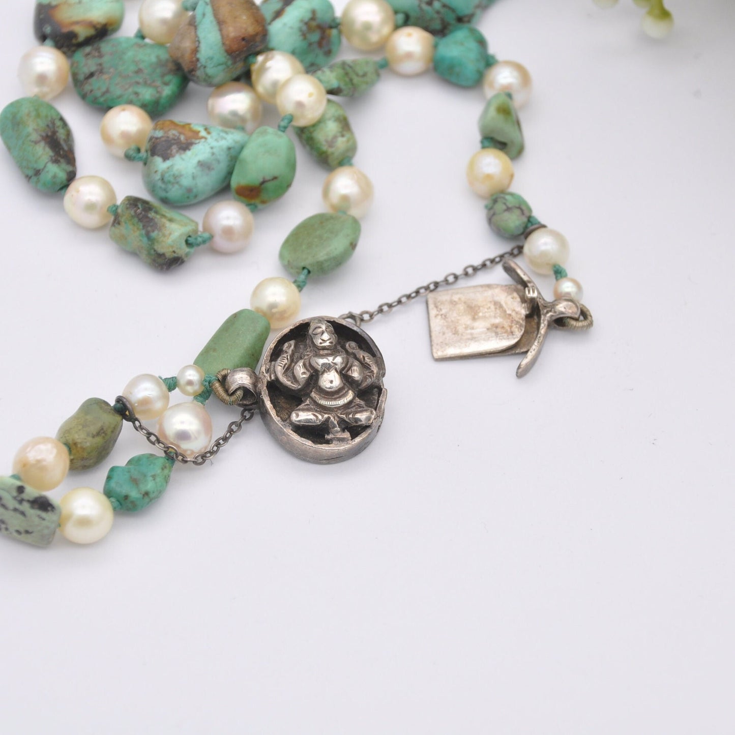 Vintage Turquoise and Pearl Necklace with Silver God Clasp - Chunky Graduating Gemstone Necklace