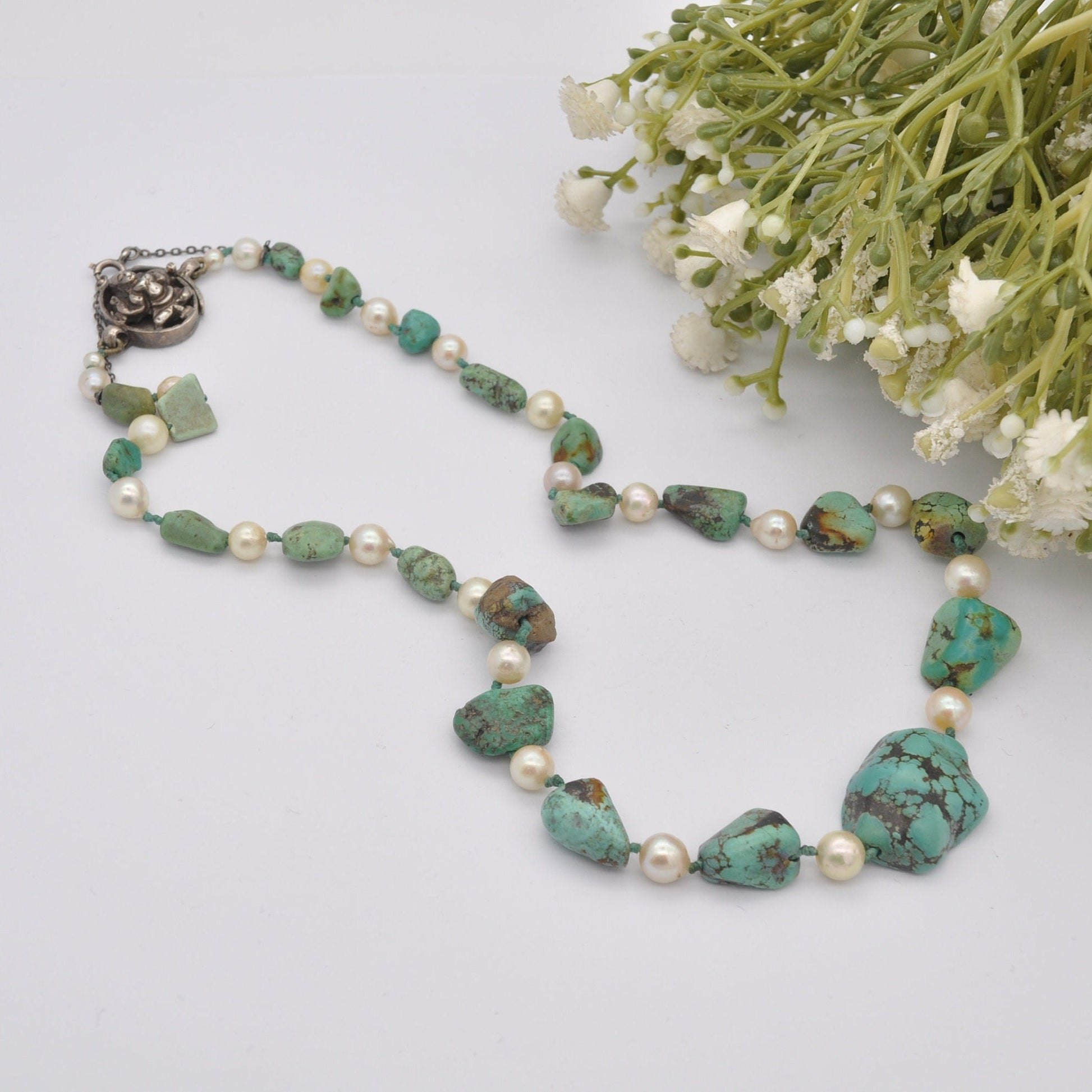 Vintage Turquoise and Pearl Necklace with Silver God Clasp - Chunky Graduating Gemstone Necklace