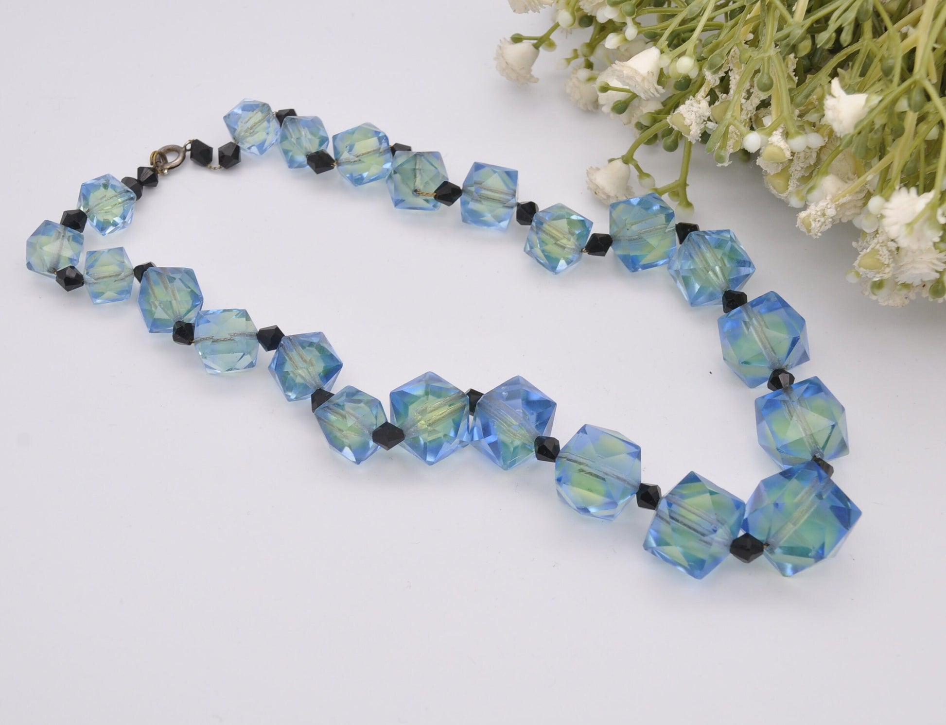 Vintage Czech Uranium Glass Bead Necklace - Blue Green Faceted | Graduated Beaded Necklace | Original Chain