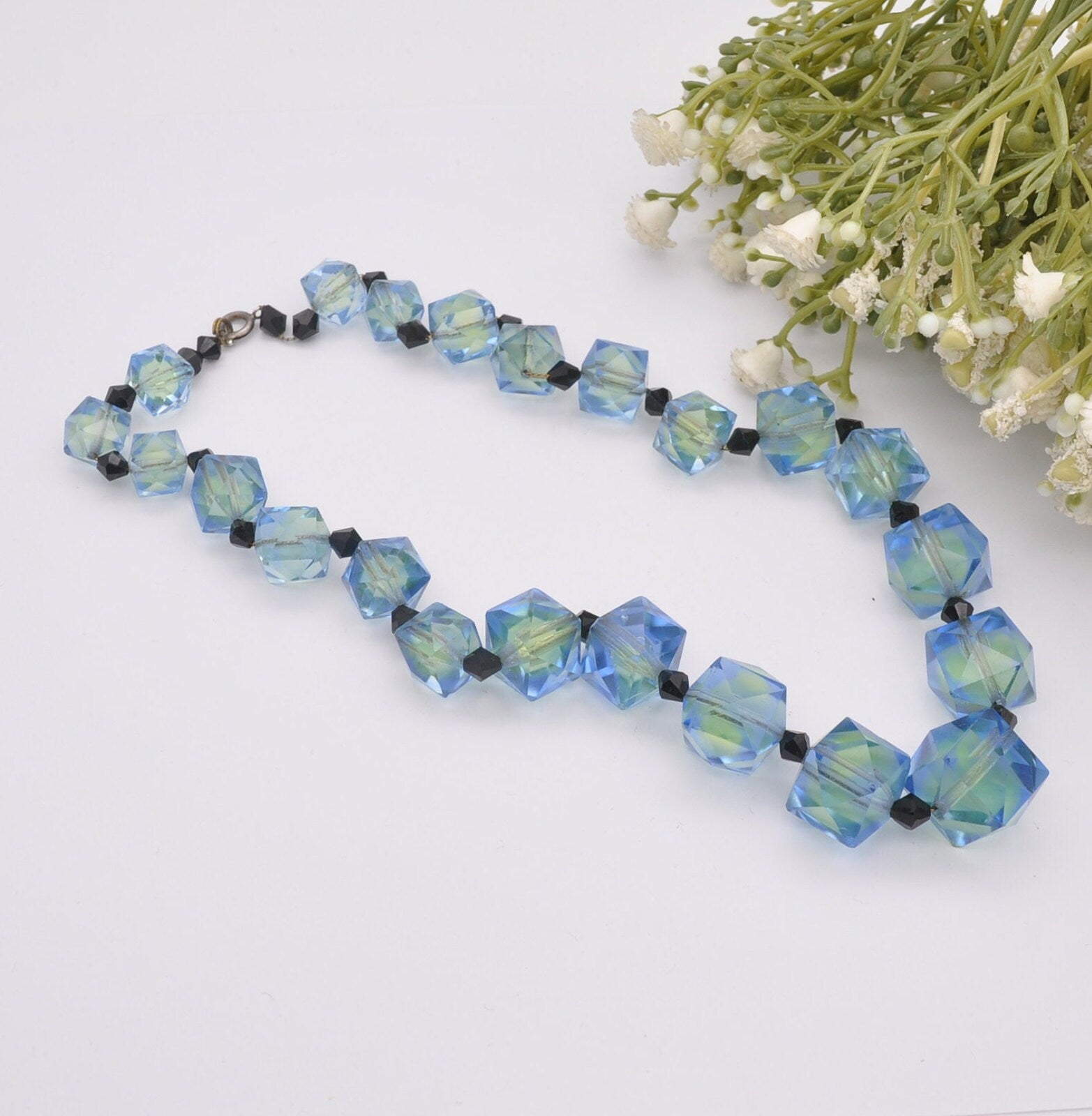 Vintage Czech Uranium Glass Bead Necklace - Blue Green Faceted | Graduated Beaded Necklace | Original Chain