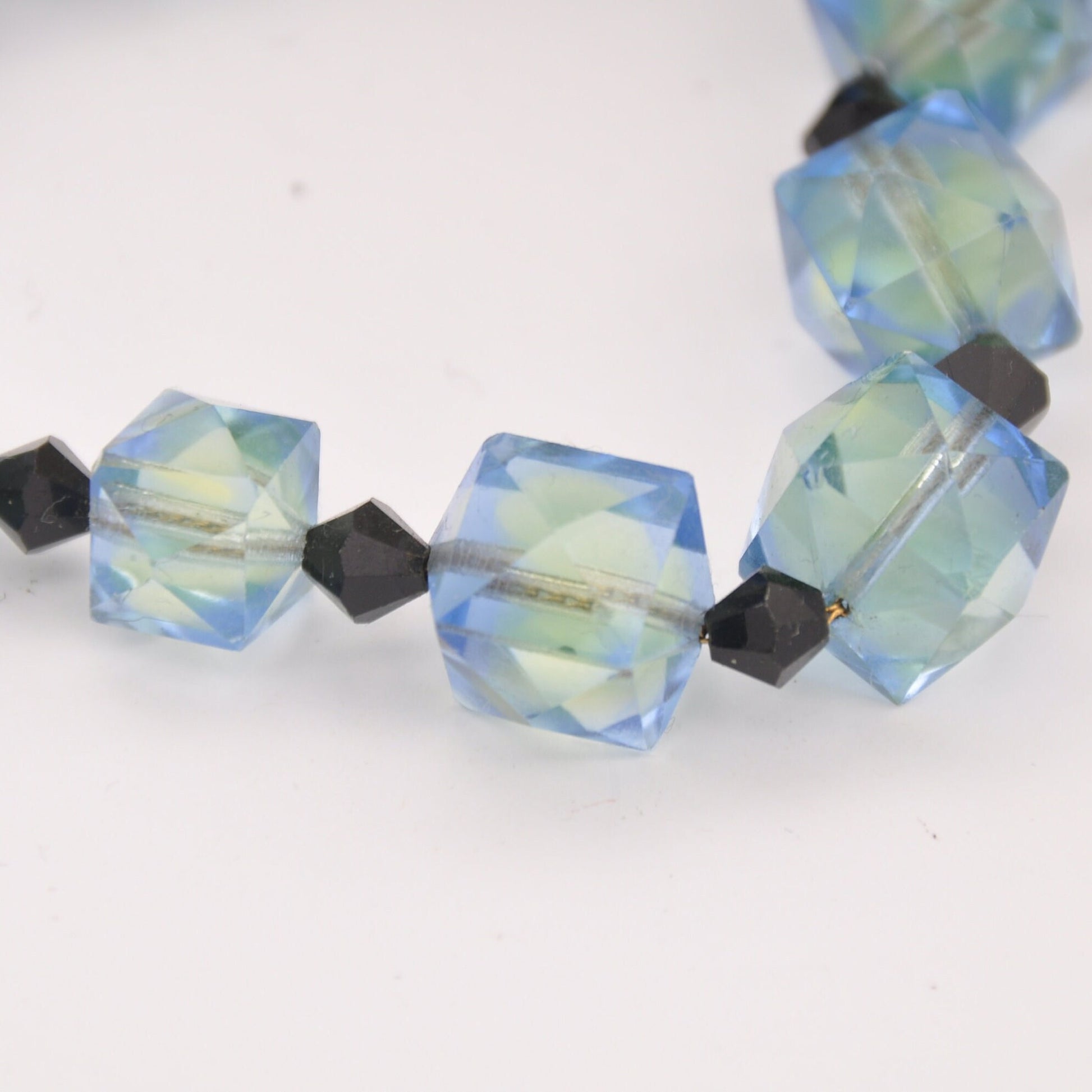 Vintage Czech Uranium Glass Bead Necklace - Blue Green Faceted | Graduated Beaded Necklace | Original Chain