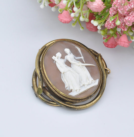 Unusual Antique Rolled Gold Cameo Brooch - Victorian Neoclassical Roman Image | Mythological Scene | Women Holding Sword Fasces Torch