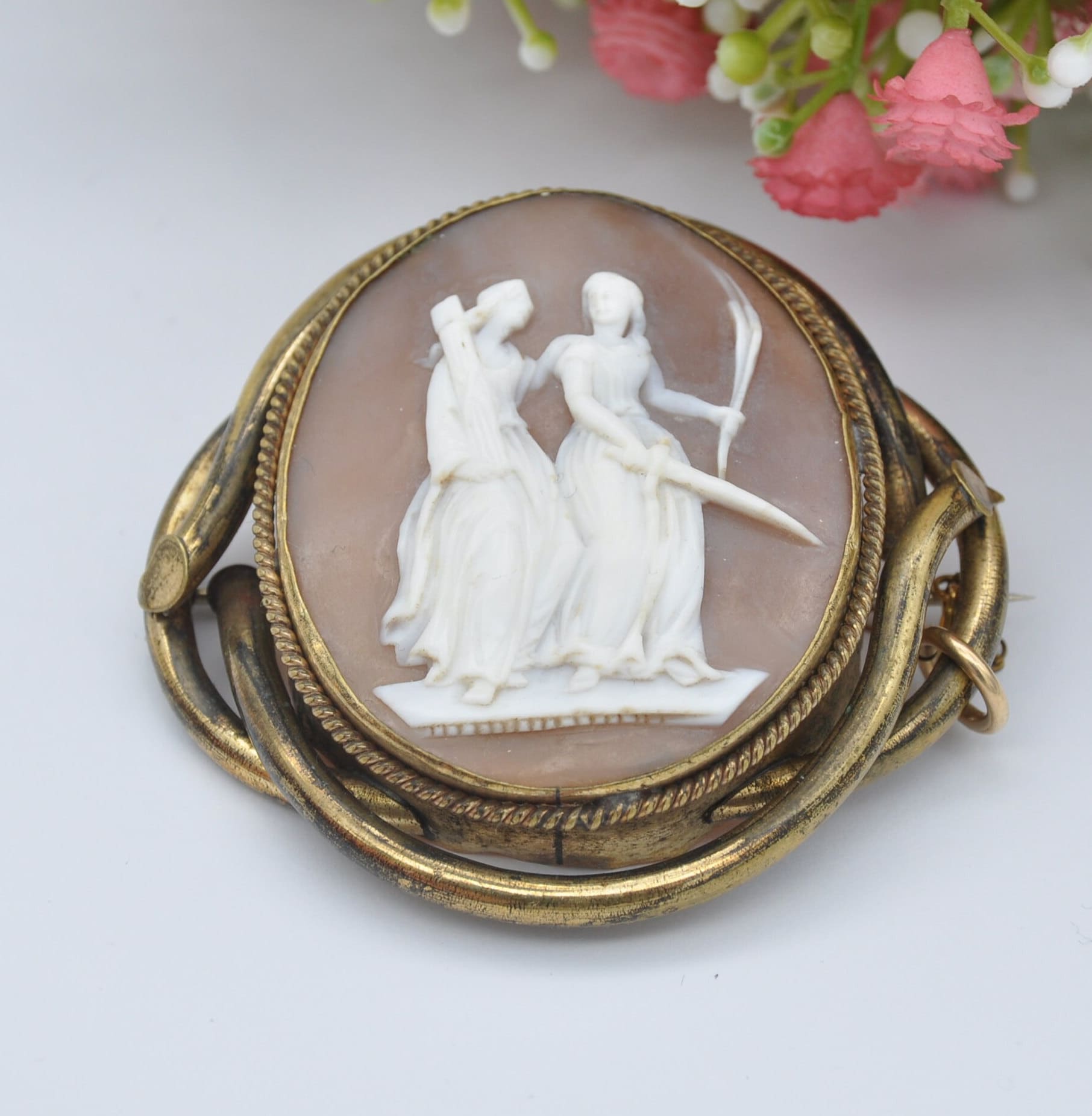 Unusual Antique Rolled Gold Cameo Brooch - Victorian Neoclassical Roman Image | Mythological Scene | Women Holding Sword Fasces Torch