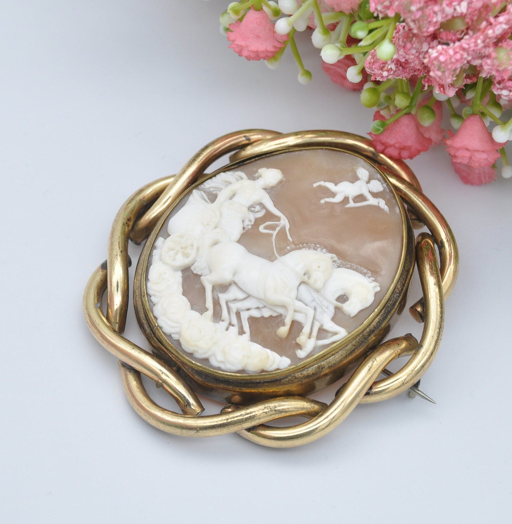 Antique Shell Cameo Brooch - Aurora and Lucifer the Morning Star | Dawn Chariot on Clouds | Classical Roman Mythological Scene