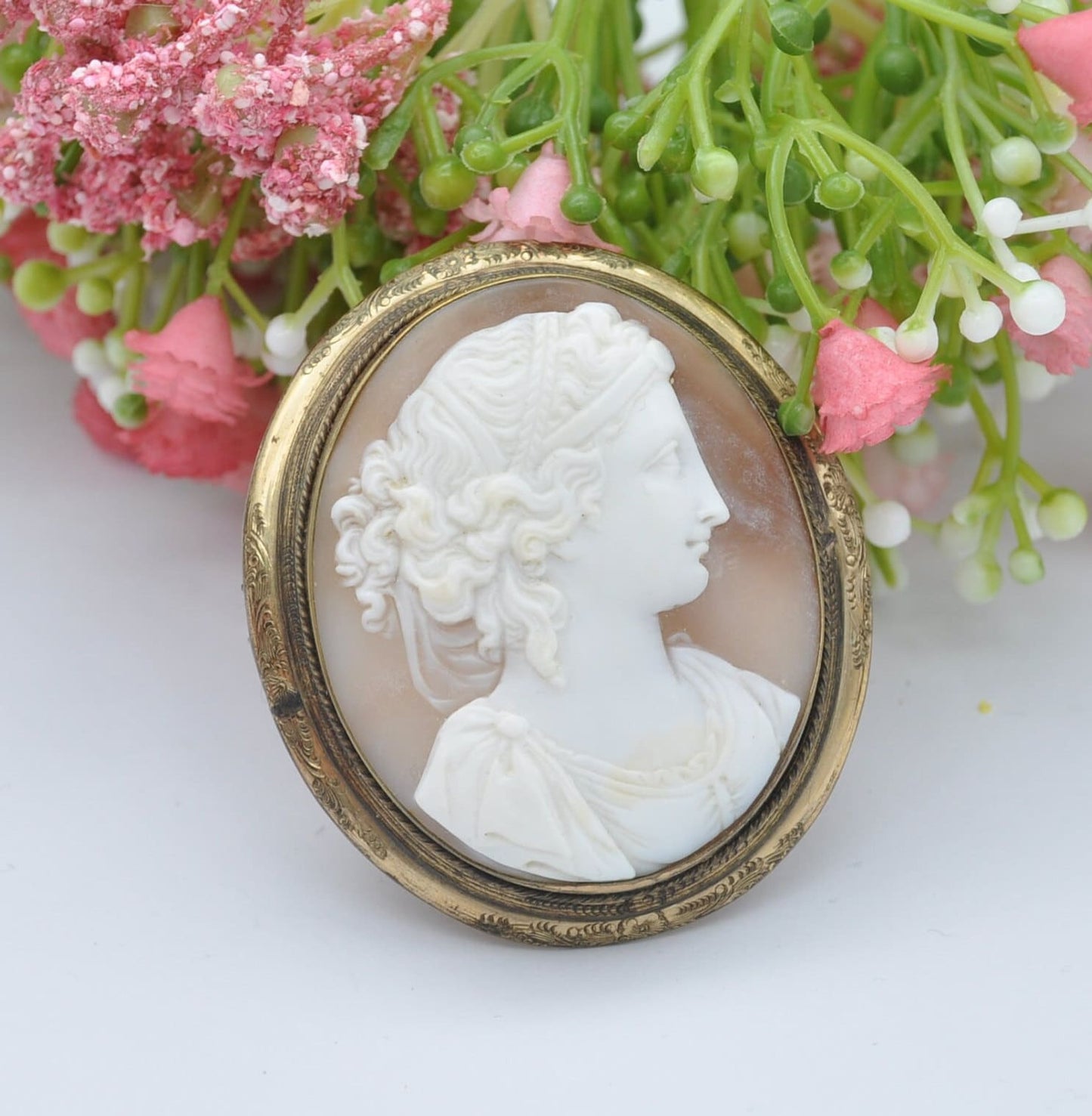 Antique Victorian Rolled Gold Cameo Brooch Pendant - Large Carved Portrait | Neoclassical Roman Profile Face | Renaissance Style