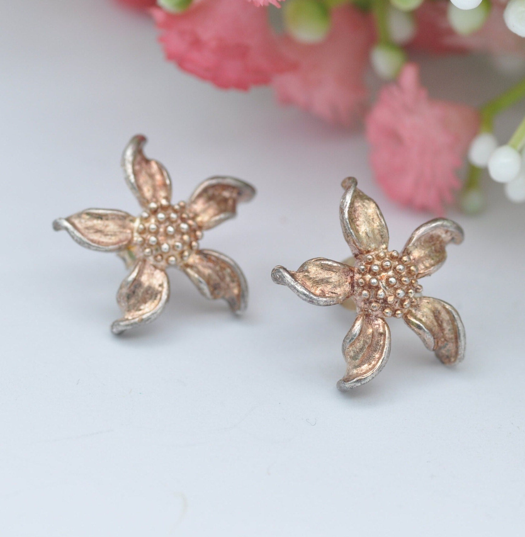 Vintage Sterling Silver Flower Stud Earrings - Realistic Floral Style