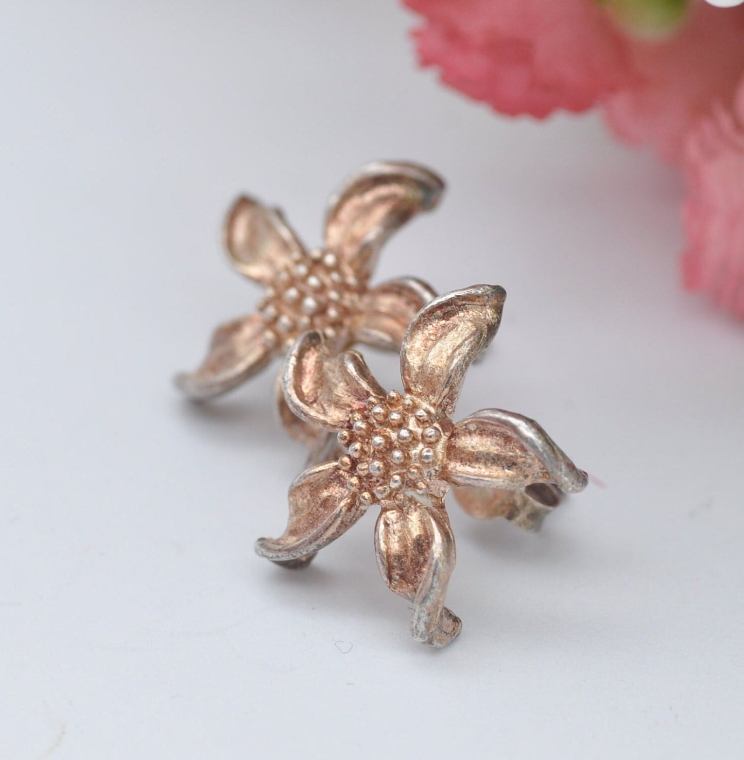 Vintage Sterling Silver Flower Stud Earrings - Realistic Floral Style